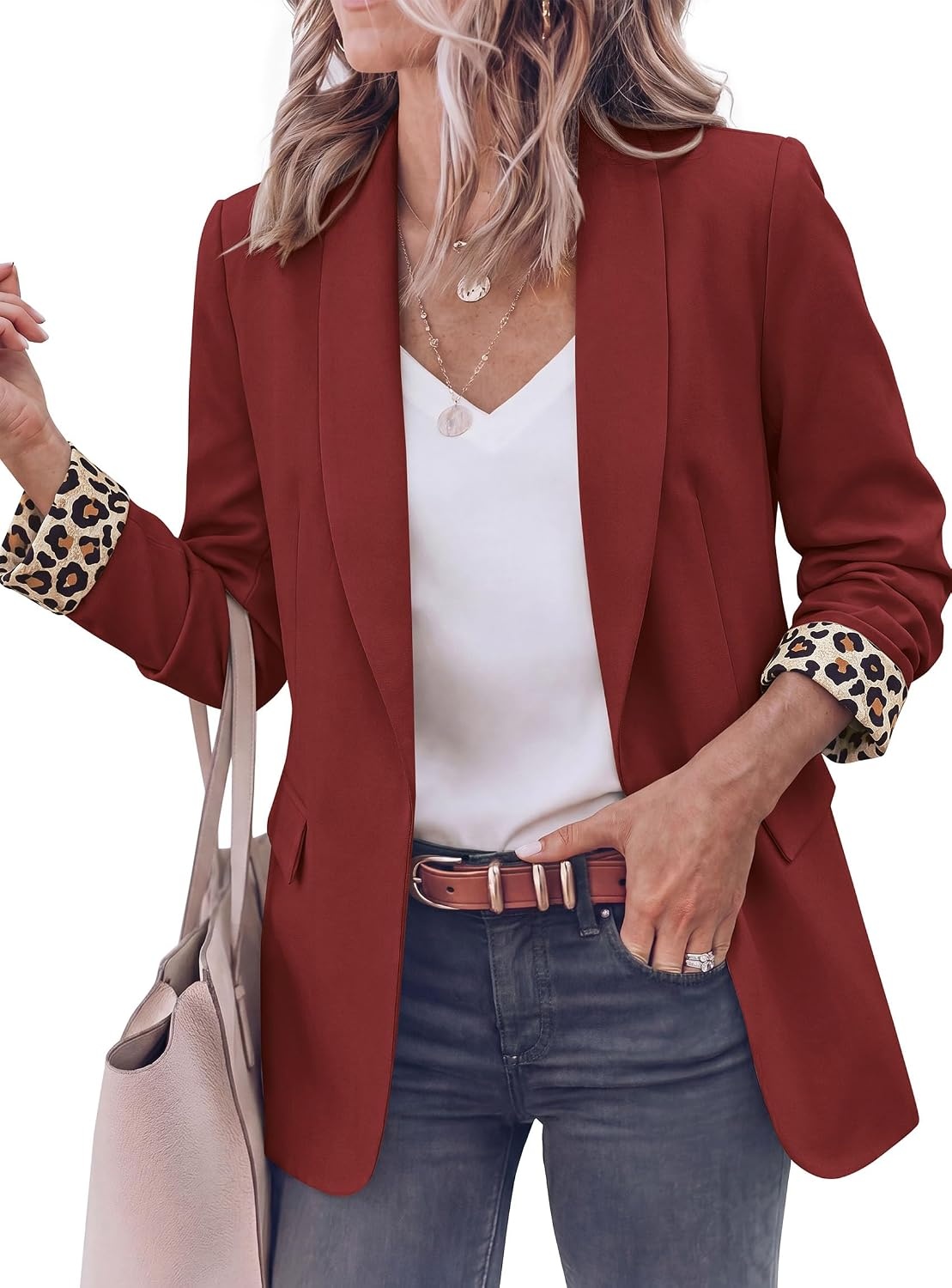 image:imagePRETTYGARDEN Womens Business Casual Blazers Suit Jacket Lapel Loose Fit Blazer Long Sleeve Open Front Leopard Print Cuffs Dressy Casual Office Work Clothes Fall Winter FashionBurgundy