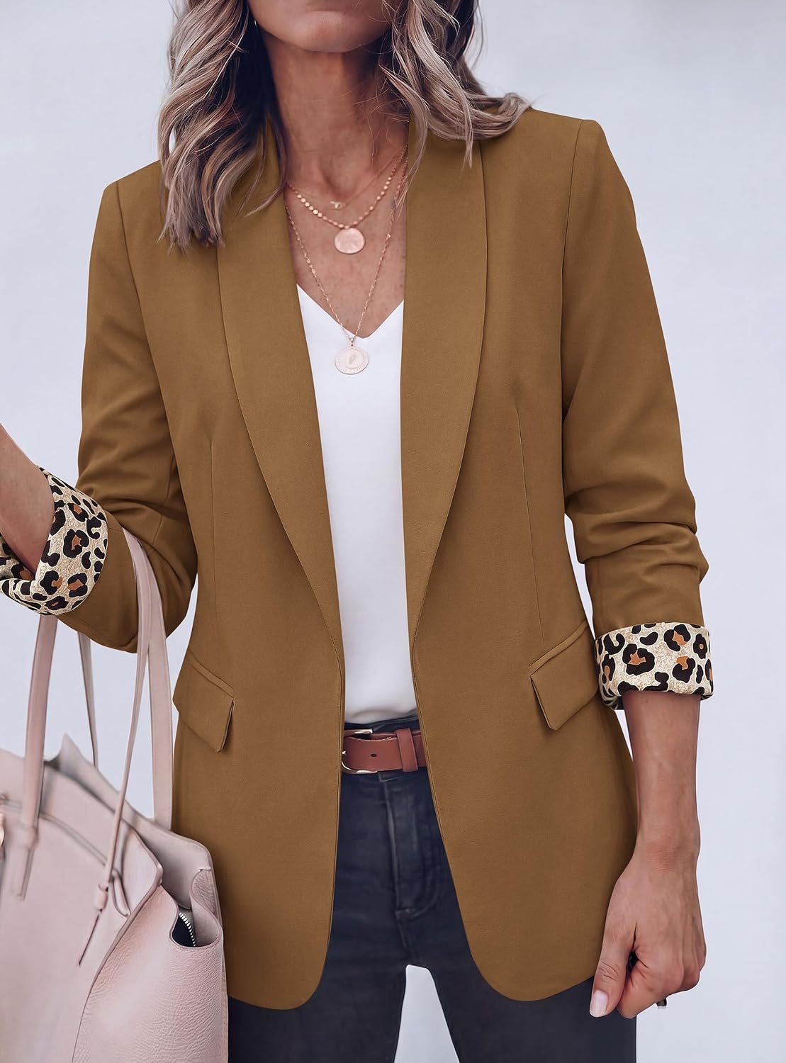 image:imagePRETTYGARDEN Womens Business Casual Blazers Suit Jacket Lapel Loose Fit Blazer Long Sleeve Open Front Leopard Print Cuffs Dressy Casual Office Work Clothes Fall Winter FashionCoffee
