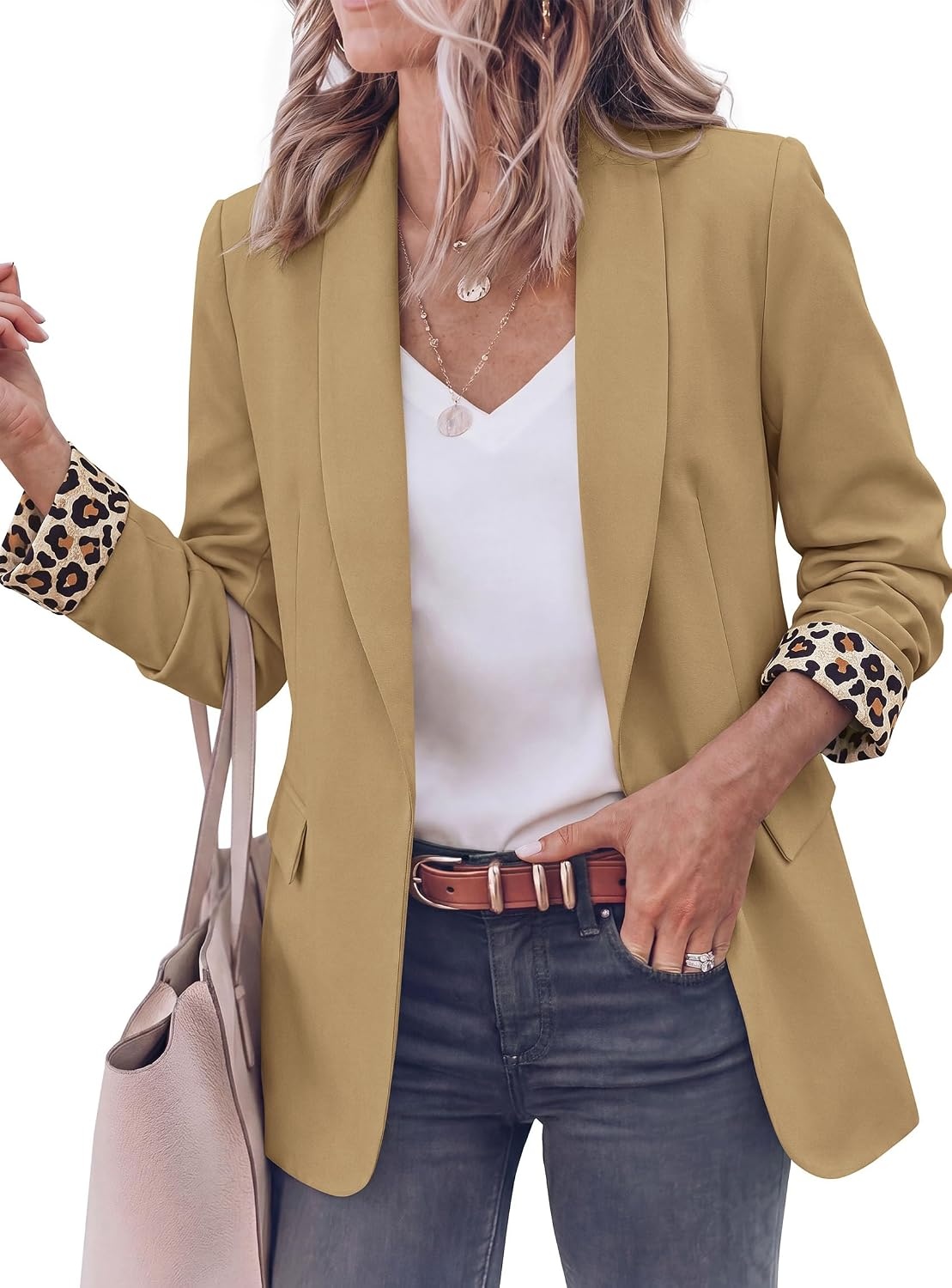 image:imagePRETTYGARDEN Womens Business Casual Blazers Suit Jacket Lapel Loose Fit Blazer Long Sleeve Open Front Leopard Print Cuffs Dressy Casual Office Work Clothes Fall Winter FashionKhaki