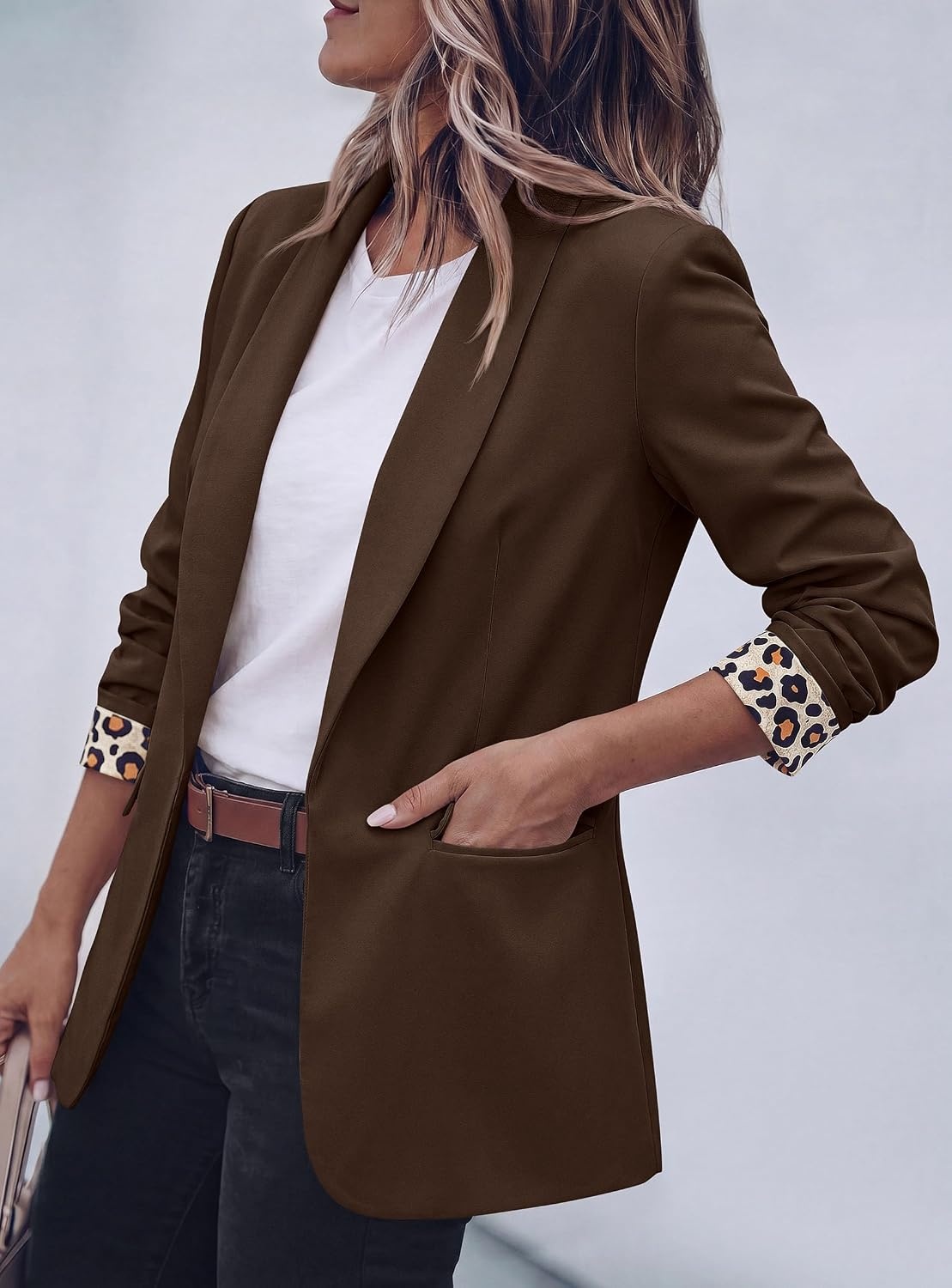 image:imagePRETTYGARDEN Womens Business Casual Blazers Suit Jacket Lapel Loose Fit Blazer Long Sleeve Open Front Leopard Print Cuffs Dressy Casual Office Work Clothes Fall Winter FashionDark Brown