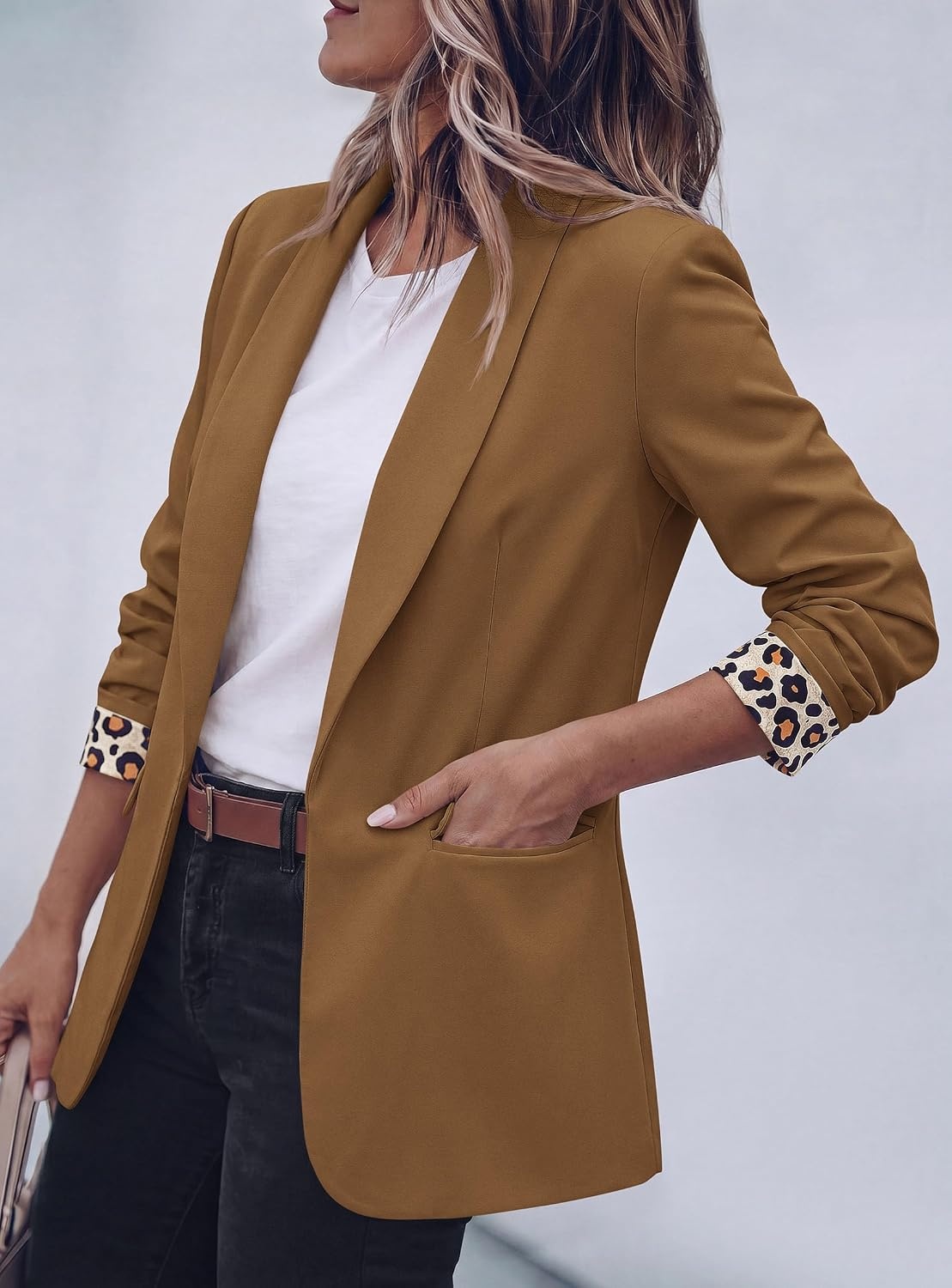 image:imagePRETTYGARDEN Womens Business Casual Blazers Suit Jacket Lapel Loose Fit Blazer Long Sleeve Open Front Leopard Print Cuffs Dressy Casual Office Work Clothes Fall Winter FashionCoffee