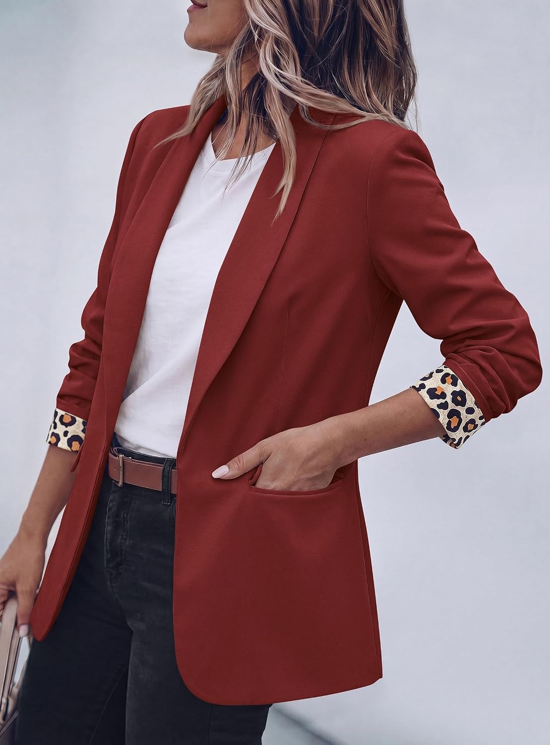 image:imagePRETTYGARDEN Womens Business Casual Blazers Suit Jacket Lapel Loose Fit Blazer Long Sleeve Open Front Leopard Print Cuffs Dressy Casual Office Work Clothes Fall Winter FashionBurgundy