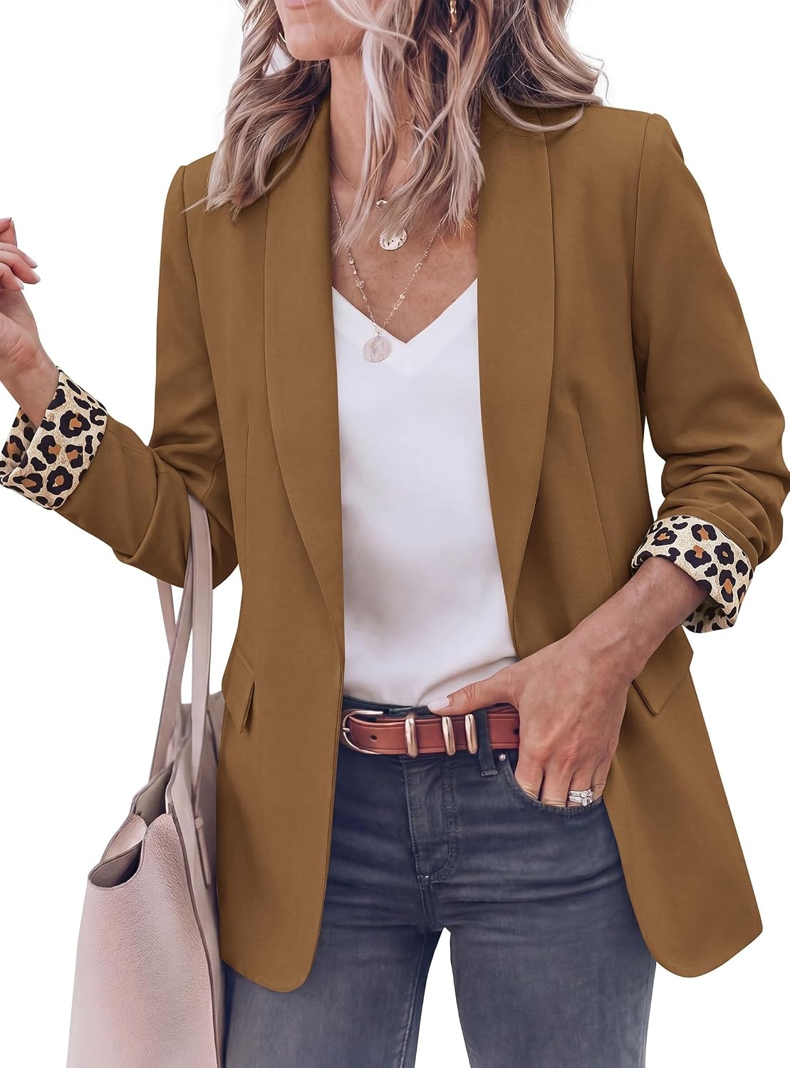 image:imagePRETTYGARDEN Womens Business Casual Blazers Suit Jacket Lapel Loose Fit Blazer Long Sleeve Open Front Leopard Print Cuffs Dressy Casual Office Work Clothes Fall Winter FashionCoffee