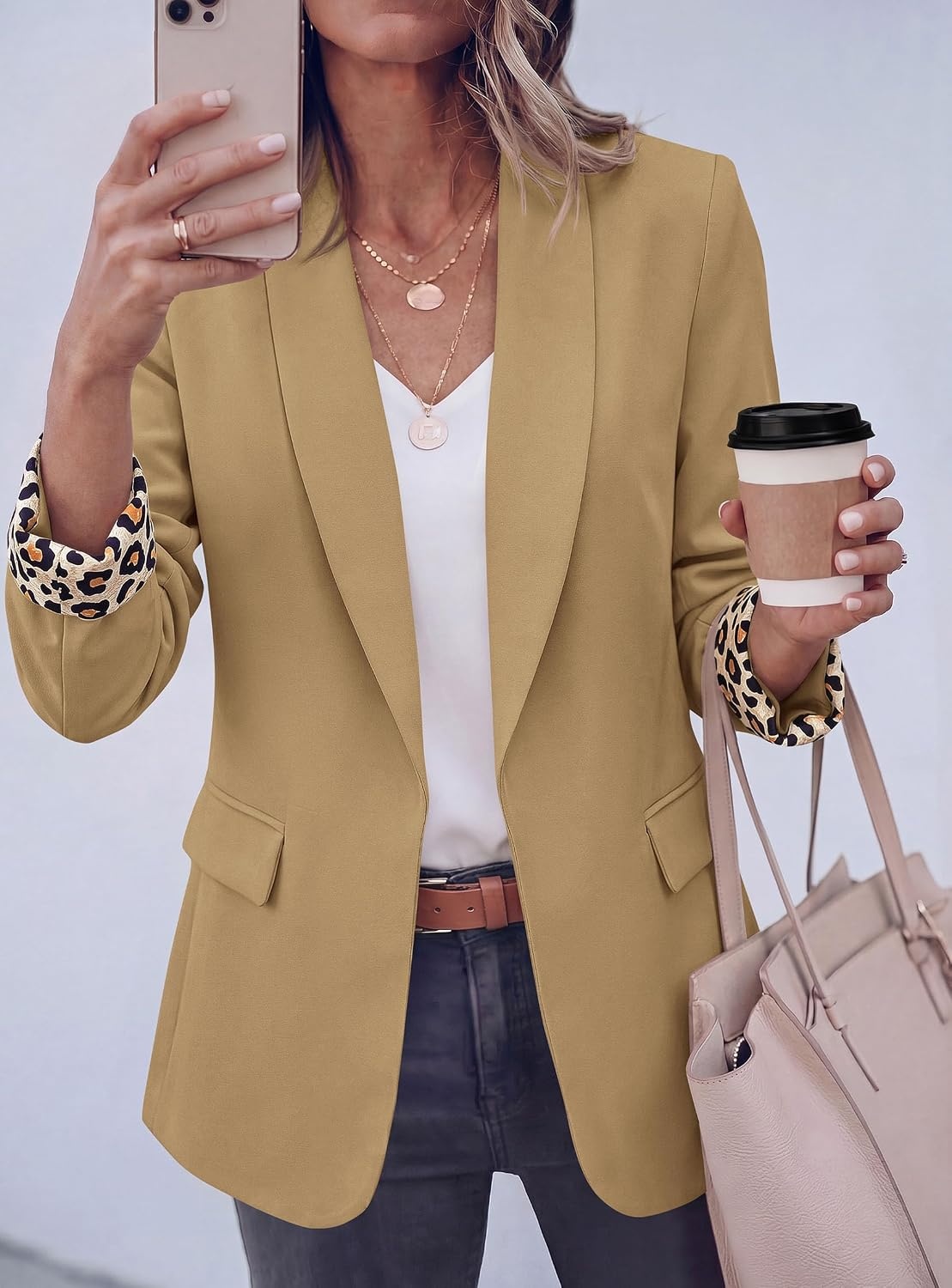 image:imagePRETTYGARDEN Womens Business Casual Blazers Suit Jacket Lapel Loose Fit Blazer Long Sleeve Open Front Leopard Print Cuffs Dressy Casual Office Work Clothes Fall Winter FashionKhaki