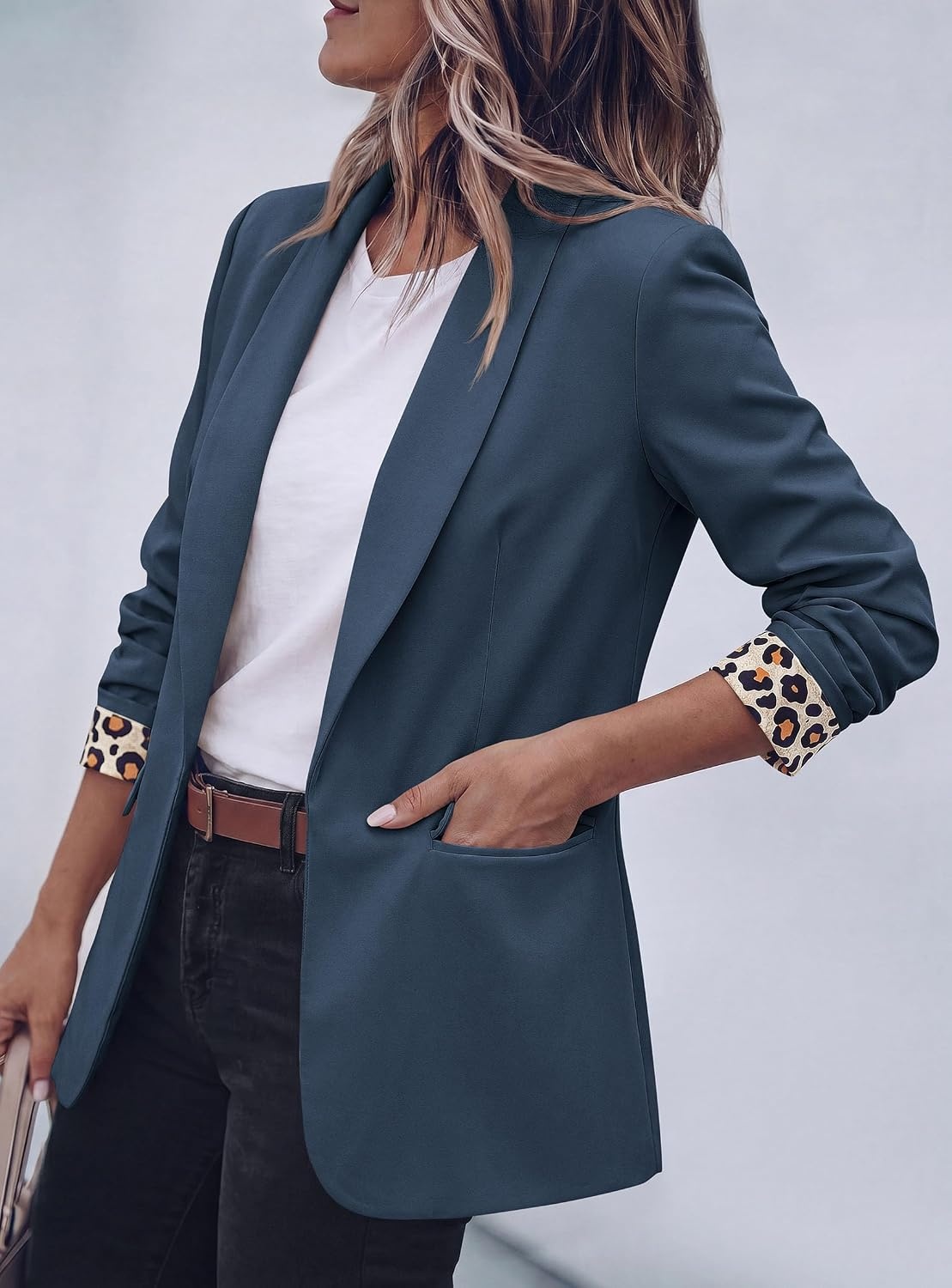 image:imagePRETTYGARDEN Womens Business Casual Blazers Suit Jacket Lapel Loose Fit Blazer Long Sleeve Open Front Leopard Print Cuffs Dressy Casual Office Work Clothes Fall Winter FashionDark Blue