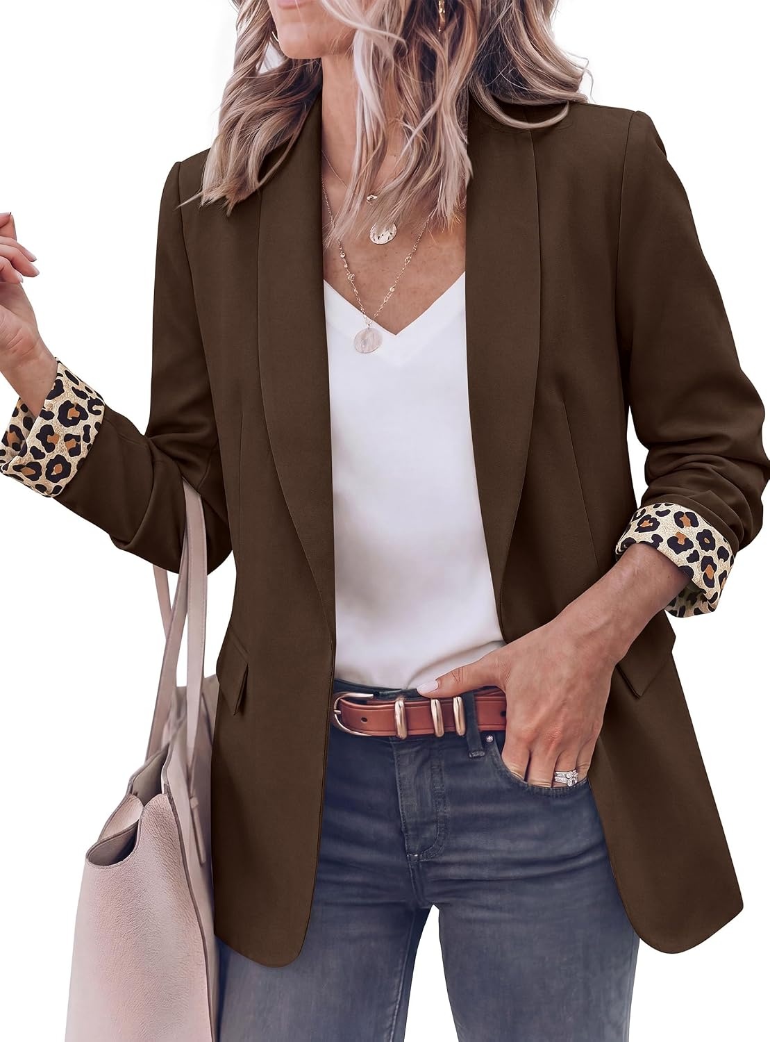 image:imagePRETTYGARDEN Womens Business Casual Blazers Suit Jacket Lapel Loose Fit Blazer Long Sleeve Open Front Leopard Print Cuffs Dressy Casual Office Work Clothes Fall Winter FashionDark Brown