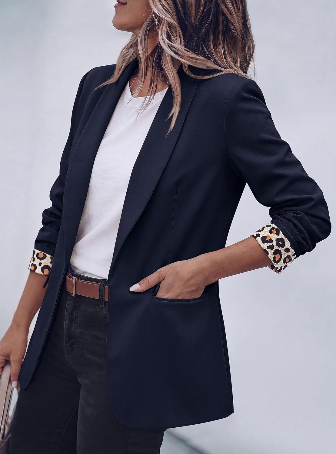 image:imagePRETTYGARDEN Womens Business Casual Blazers Suit Jacket Lapel Loose Fit Blazer Long Sleeve Open Front Leopard Print Cuffs Dressy Casual Office Work Clothes Fall Winter FashionNavy