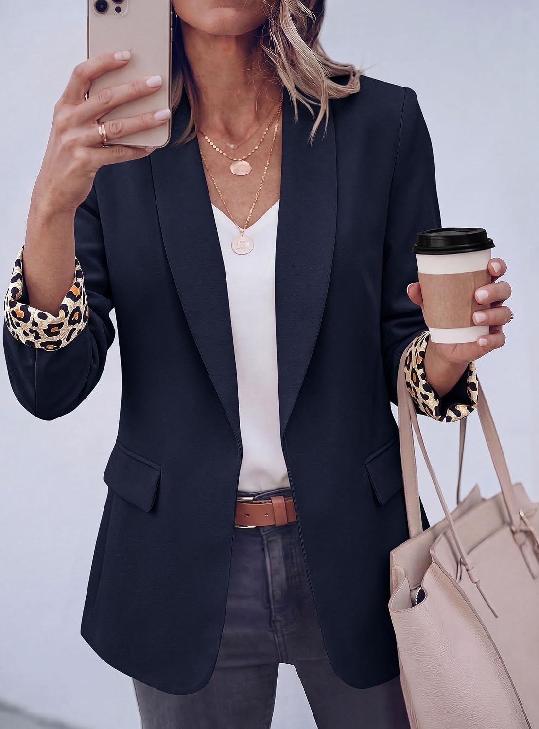 image:imagePRETTYGARDEN Womens Business Casual Blazers Suit Jacket Lapel Loose Fit Blazer Long Sleeve Open Front Leopard Print Cuffs Dressy Casual Office Work Clothes Fall Winter FashionNavy