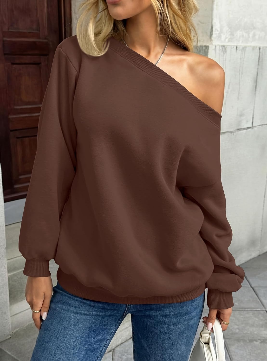 image:imagePRETTYGARDEN Womens Off The Shoulder Sweatshirt Loose Fit Slouchy Long Sleeve TopsComfy Fleece SweatshirtsOversized PulloverCasual Daily Street Y2K OutfitsFall Winter ClothesBrown