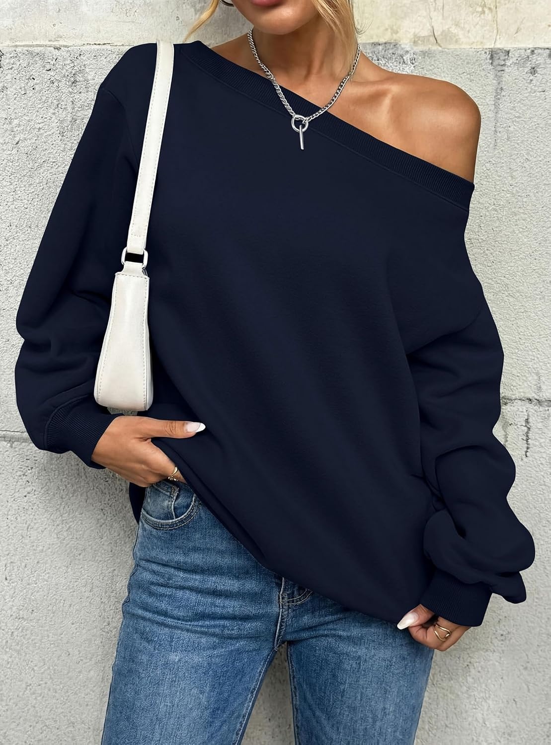 image:imagePRETTYGARDEN Womens Off The Shoulder Sweatshirt Loose Fit Slouchy Long Sleeve TopsComfy Fleece SweatshirtsOversized PulloverCasual Daily Street Y2K OutfitsFall Winter ClothesNavy Blue