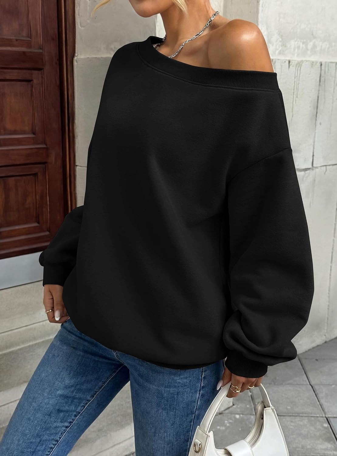 image:imagePRETTYGARDEN Womens Off The Shoulder Sweatshirt Loose Fit Slouchy Long Sleeve TopsComfy Fleece SweatshirtsOversized PulloverCasual Daily Street Y2K OutfitsFall Winter ClothesBlack