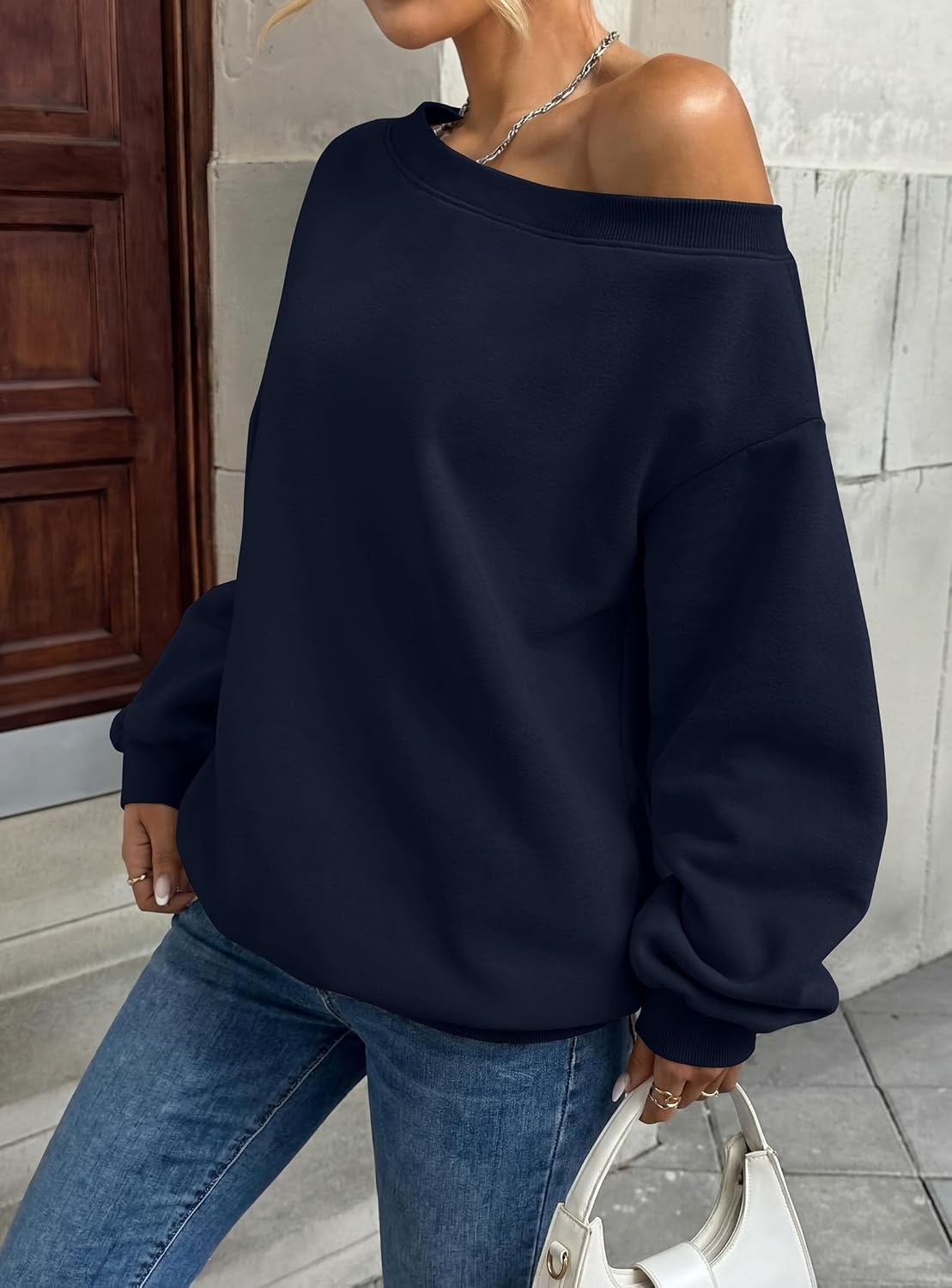 image:imagePRETTYGARDEN Womens Off The Shoulder Sweatshirt Loose Fit Slouchy Long Sleeve TopsComfy Fleece SweatshirtsOversized PulloverCasual Daily Street Y2K OutfitsFall Winter ClothesNavy Blue