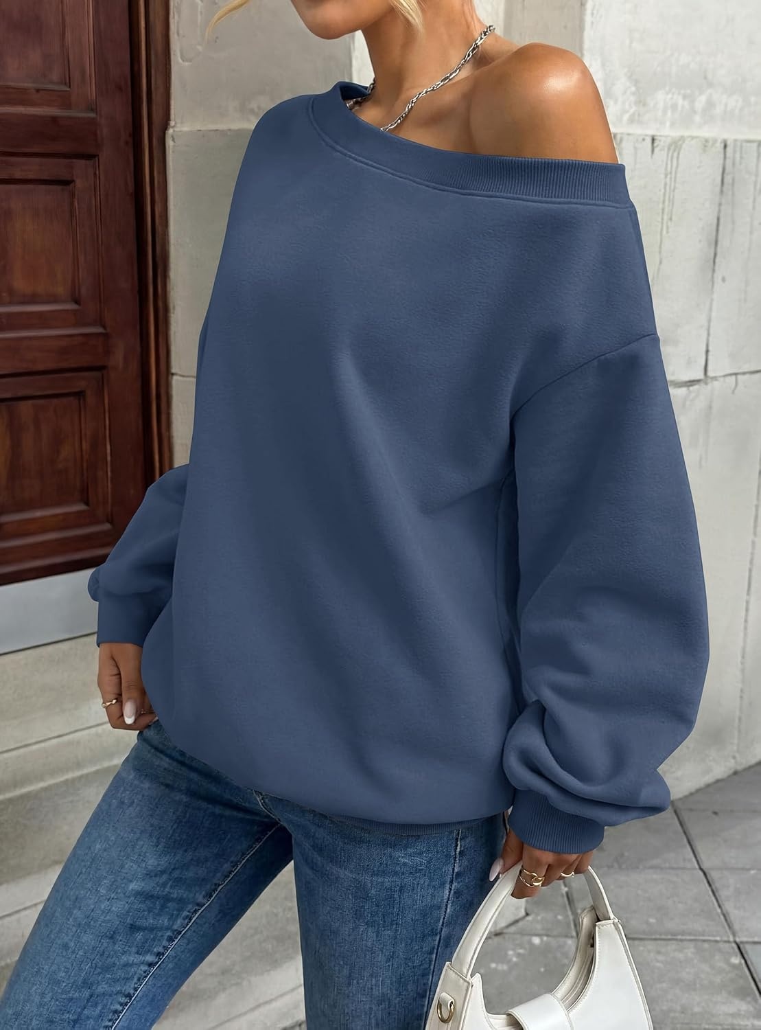 image:imagePRETTYGARDEN Womens Off The Shoulder Sweatshirt Loose Fit Slouchy Long Sleeve TopsComfy Fleece SweatshirtsOversized PulloverCasual Daily Street Y2K OutfitsFall Winter ClothesGrey Blue