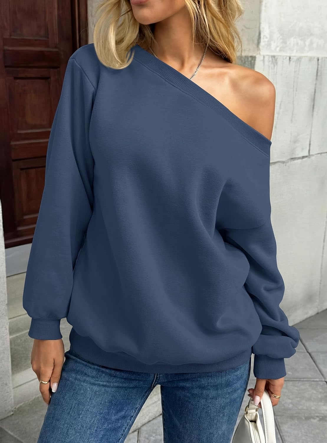 image:imagePRETTYGARDEN Womens Off The Shoulder Sweatshirt Loose Fit Slouchy Long Sleeve TopsComfy Fleece SweatshirtsOversized PulloverCasual Daily Street Y2K OutfitsFall Winter ClothesGrey Blue