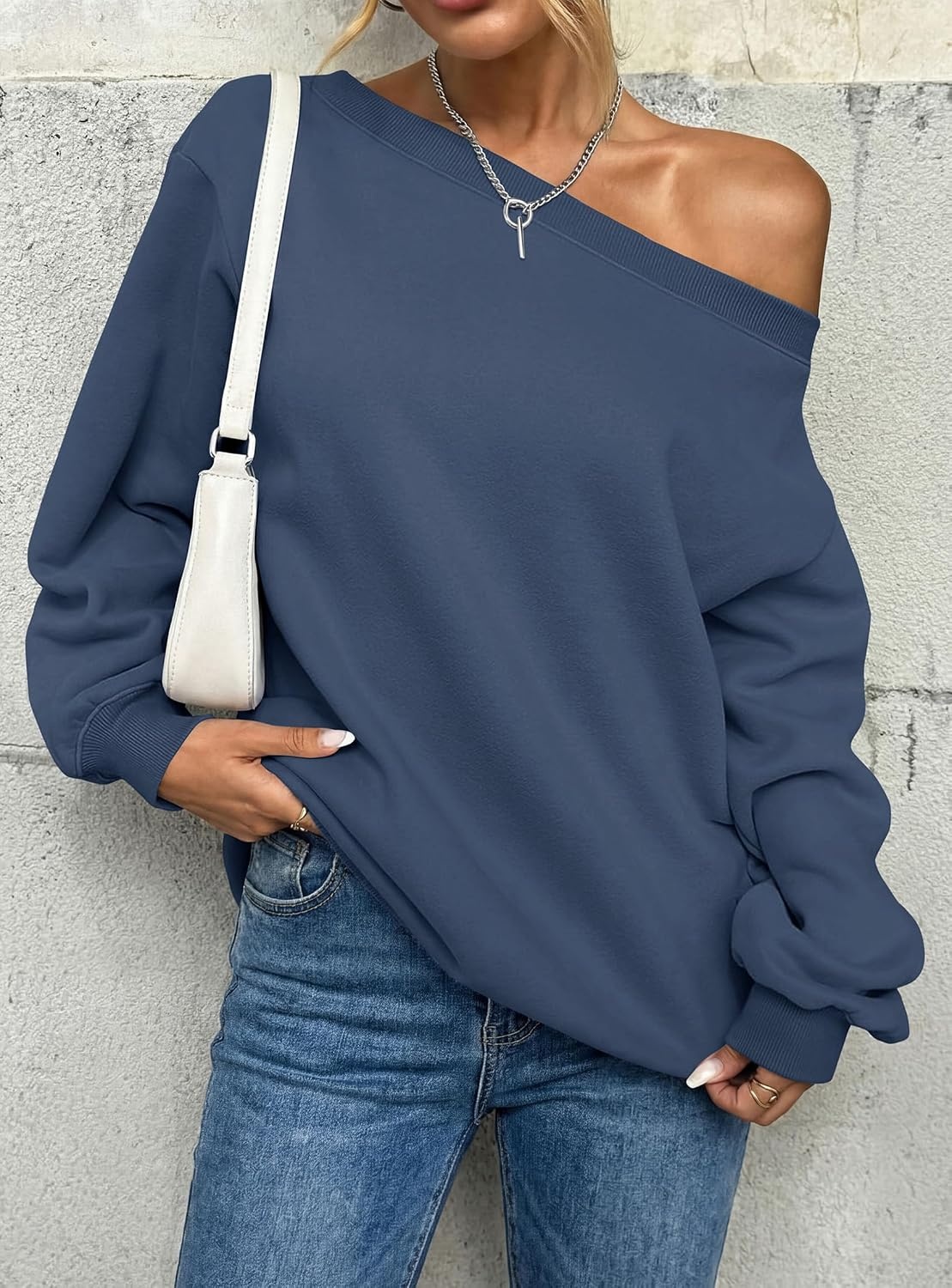 image:imagePRETTYGARDEN Womens Off The Shoulder Sweatshirt Loose Fit Slouchy Long Sleeve TopsComfy Fleece SweatshirtsOversized PulloverCasual Daily Street Y2K OutfitsFall Winter ClothesGrey Blue
