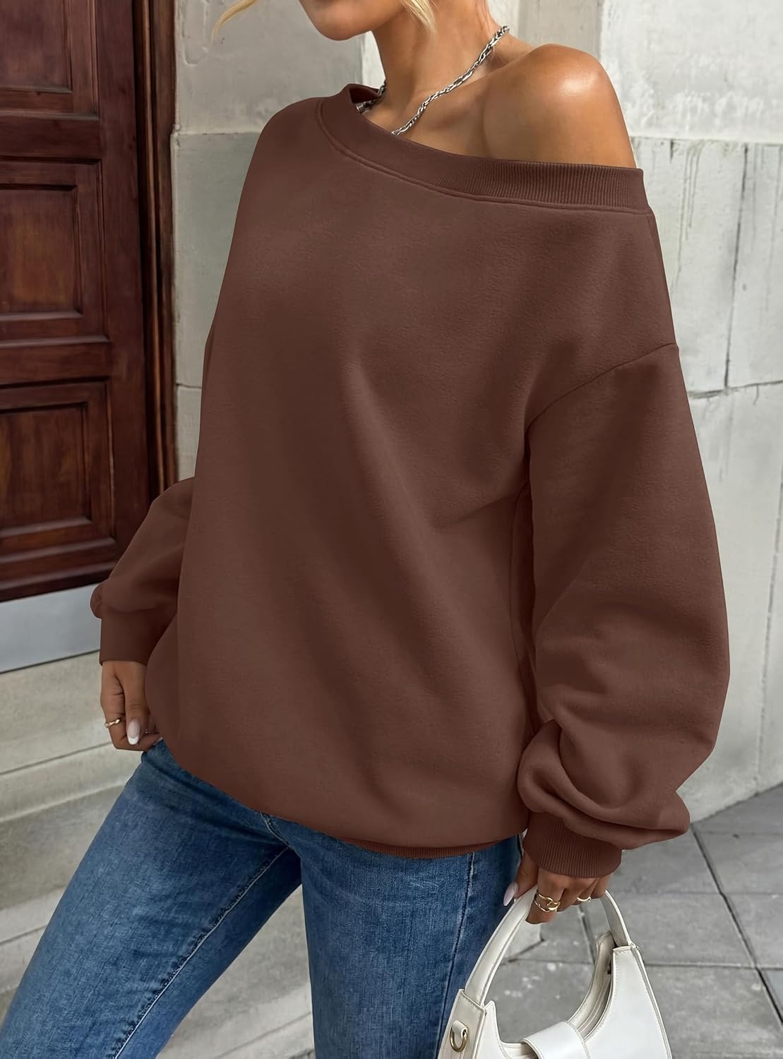 image:imagePRETTYGARDEN Womens Off The Shoulder Sweatshirt Loose Fit Slouchy Long Sleeve TopsComfy Fleece SweatshirtsOversized PulloverCasual Daily Street Y2K OutfitsFall Winter ClothesBrown