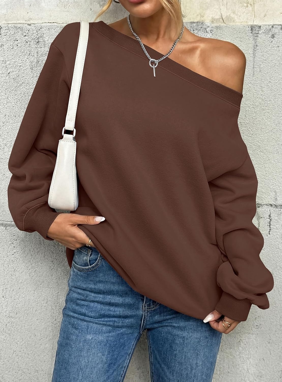 image:imagePRETTYGARDEN Womens Off The Shoulder Sweatshirt Loose Fit Slouchy Long Sleeve TopsComfy Fleece SweatshirtsOversized PulloverCasual Daily Street Y2K OutfitsFall Winter ClothesBrown