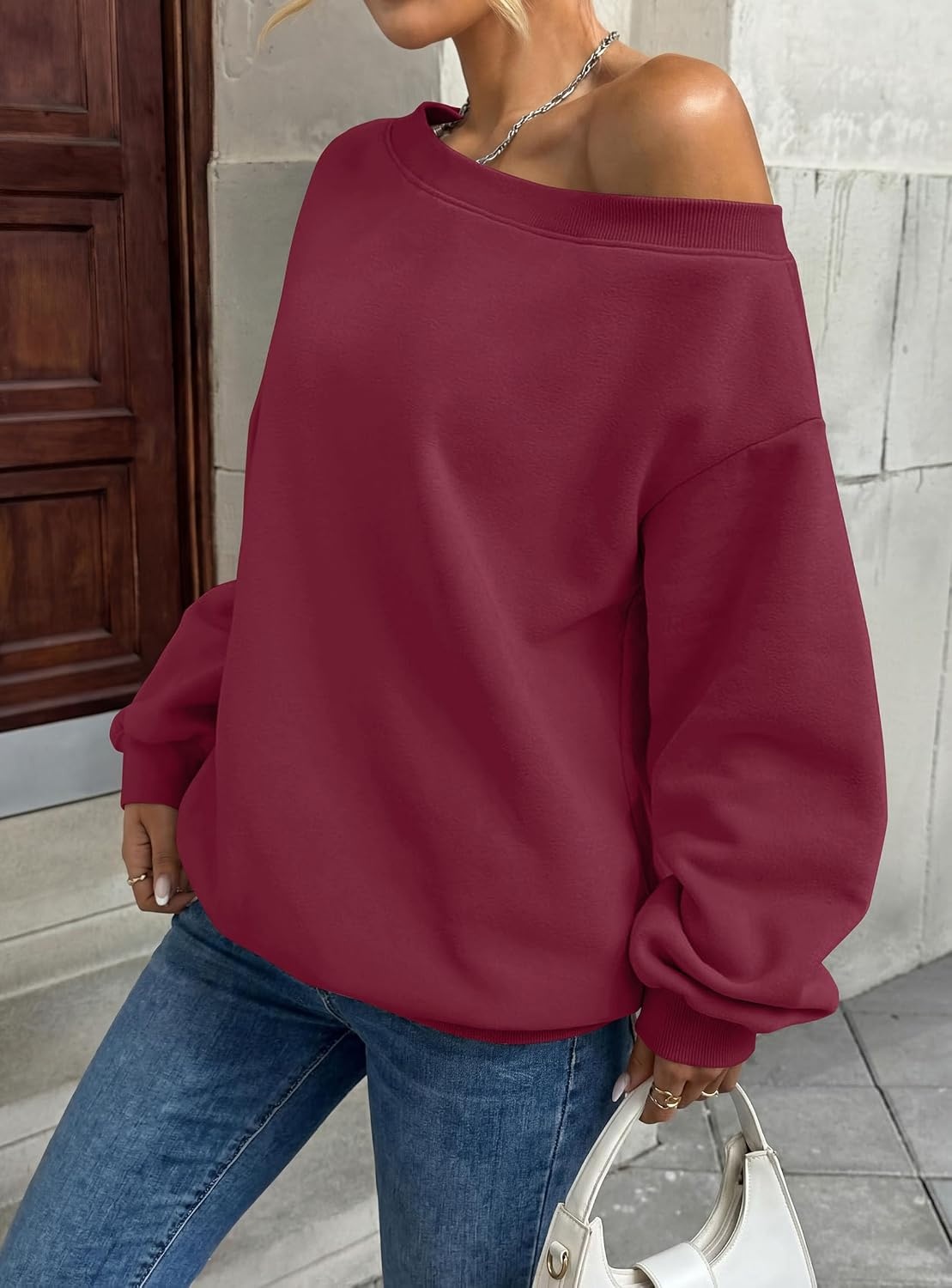 image:imagePRETTYGARDEN Womens Off The Shoulder Sweatshirt Loose Fit Slouchy Long Sleeve TopsComfy Fleece SweatshirtsOversized PulloverCasual Daily Street Y2K OutfitsFall Winter ClothesWine Red