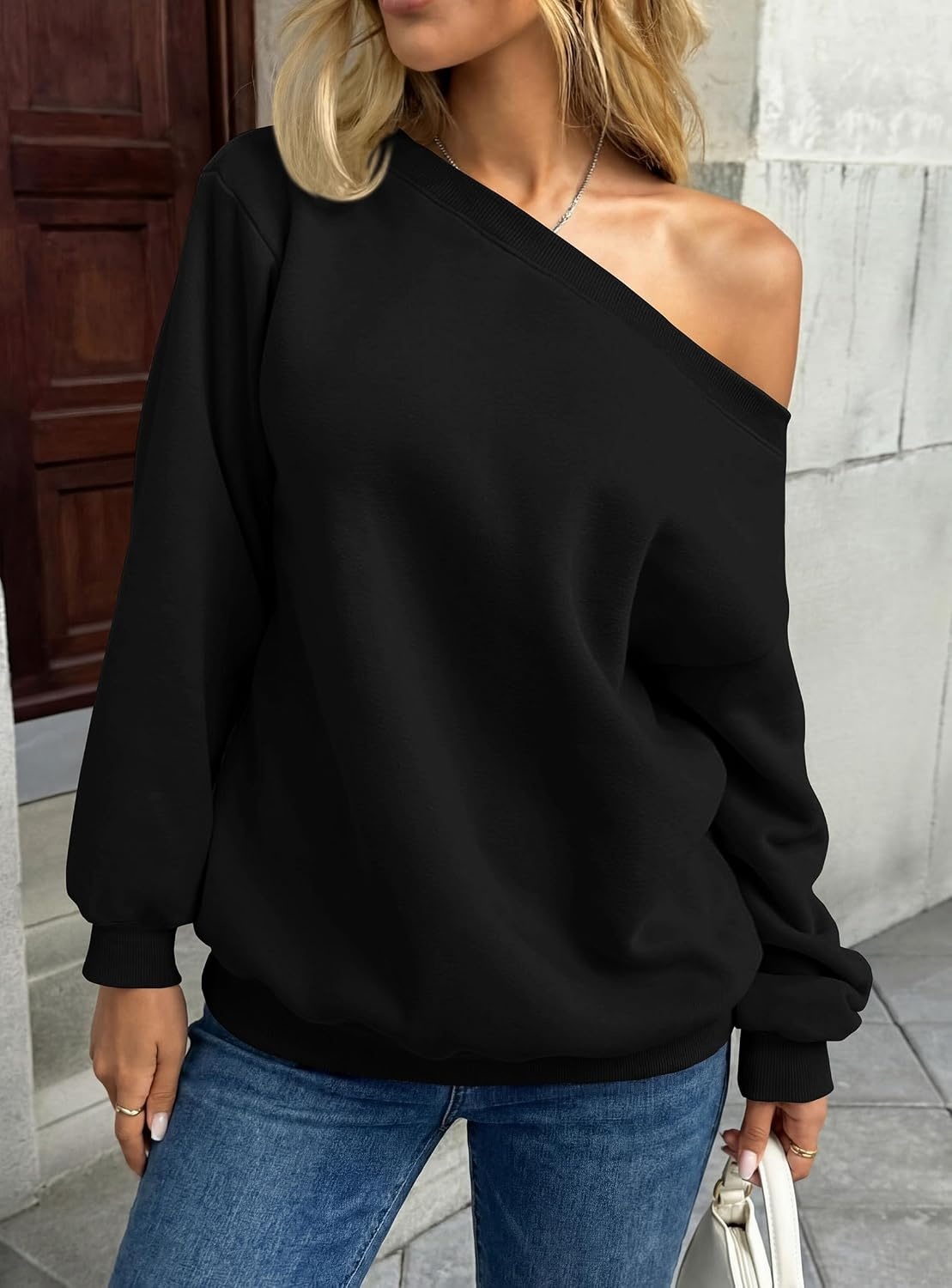 image:imagePRETTYGARDEN Womens Off The Shoulder Sweatshirt Loose Fit Slouchy Long Sleeve TopsComfy Fleece SweatshirtsOversized PulloverCasual Daily Street Y2K OutfitsFall Winter ClothesBlack