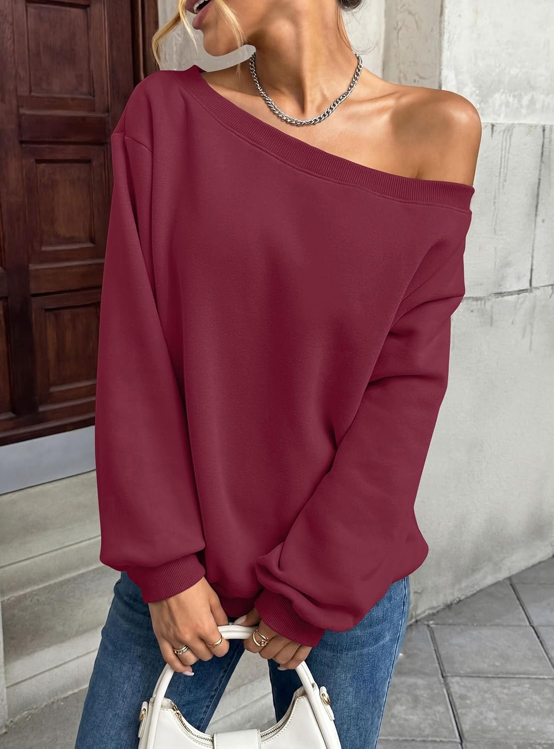 image:imagePRETTYGARDEN Womens Off The Shoulder Sweatshirt Loose Fit Slouchy Long Sleeve TopsComfy Fleece SweatshirtsOversized PulloverCasual Daily Street Y2K OutfitsFall Winter ClothesWine Red