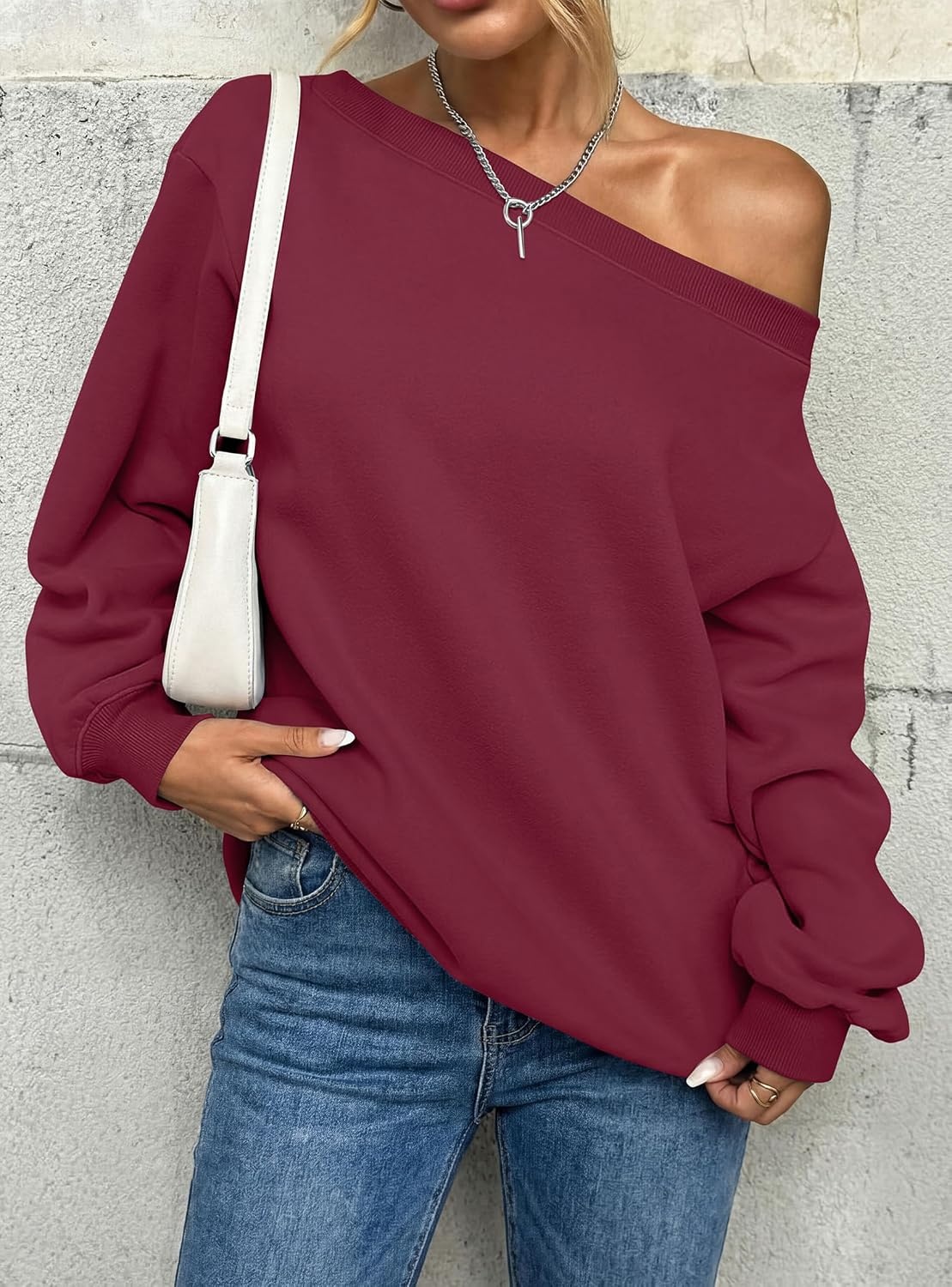 image:imagePRETTYGARDEN Womens Off The Shoulder Sweatshirt Loose Fit Slouchy Long Sleeve TopsComfy Fleece SweatshirtsOversized PulloverCasual Daily Street Y2K OutfitsFall Winter ClothesWine Red