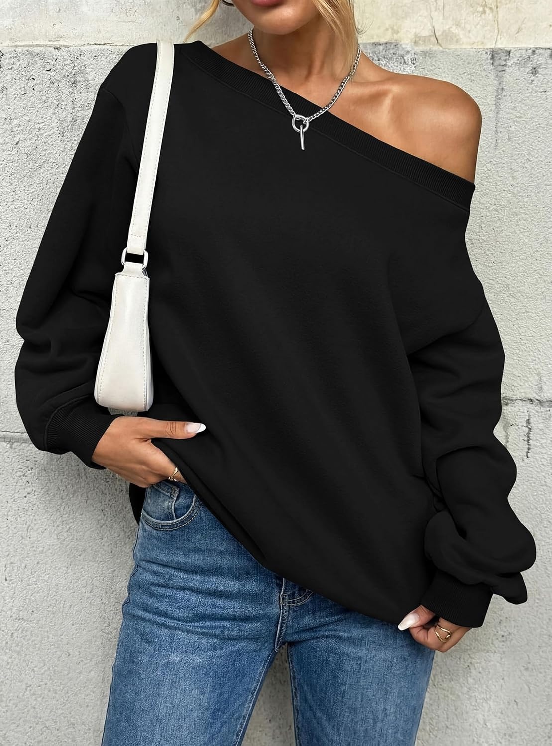 image:imagePRETTYGARDEN Womens Off The Shoulder Sweatshirt Loose Fit Slouchy Long Sleeve TopsComfy Fleece SweatshirtsOversized PulloverCasual Daily Street Y2K OutfitsFall Winter ClothesBlack