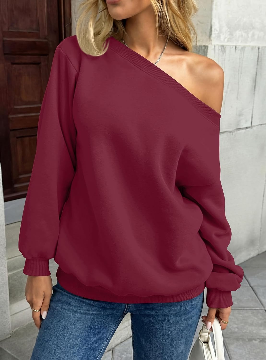 image:imagePRETTYGARDEN Womens Off The Shoulder Sweatshirt Loose Fit Slouchy Long Sleeve TopsComfy Fleece SweatshirtsOversized PulloverCasual Daily Street Y2K OutfitsFall Winter ClothesWine Red