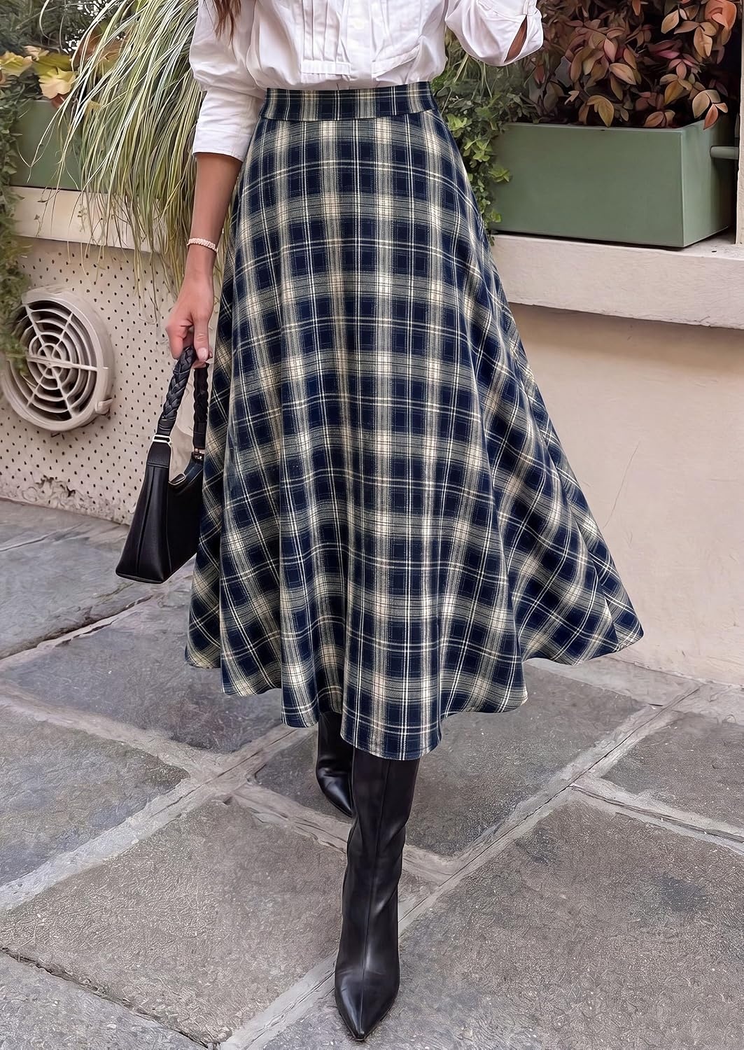 image:imagePRETTYGARDEN Womens Plaid High Waisted ALine Midi Skirts Elastic Waistband Long Flowy Skirt Classic Tartan Print Vintage Style Casual amp Formal Wear Fall Outfits Winter ClothingNavy Blue