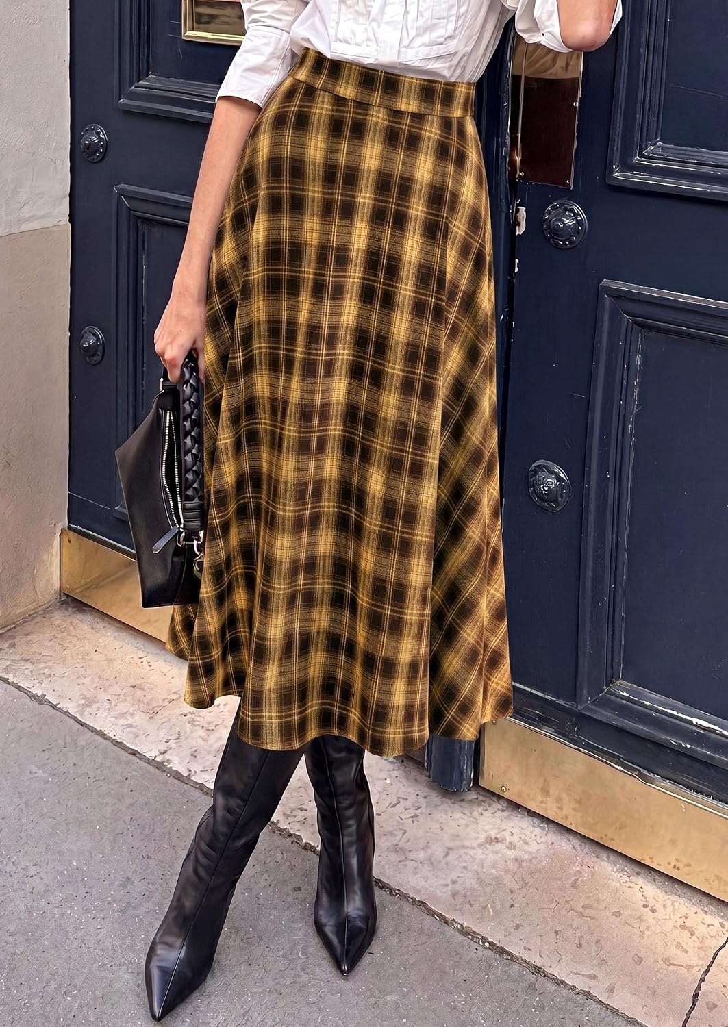 image:imagePRETTYGARDEN Womens Plaid High Waisted ALine Midi Skirts Elastic Waistband Long Flowy Skirt Classic Tartan Print Vintage Style Casual amp Formal Wear Fall Outfits Winter ClothingBrown Yellow