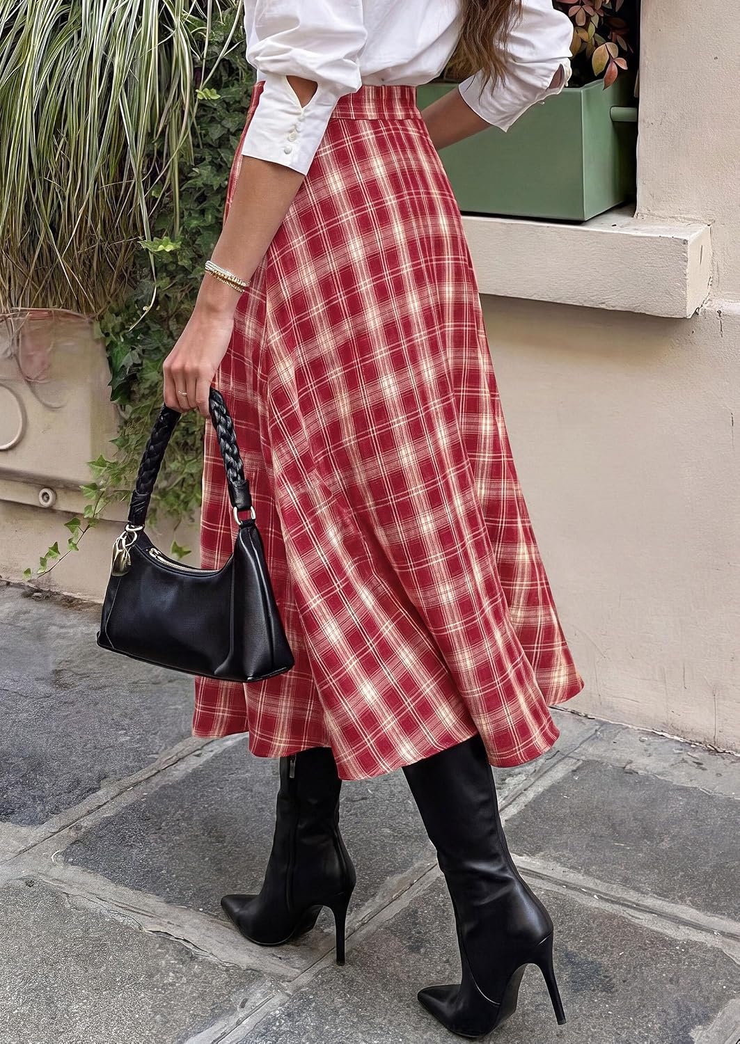 image:imagePRETTYGARDEN Womens Plaid High Waisted ALine Midi Skirts Elastic Waistband Long Flowy Skirt Classic Tartan Print Vintage Style Casual amp Formal Wear Fall Outfits Winter ClothingRed