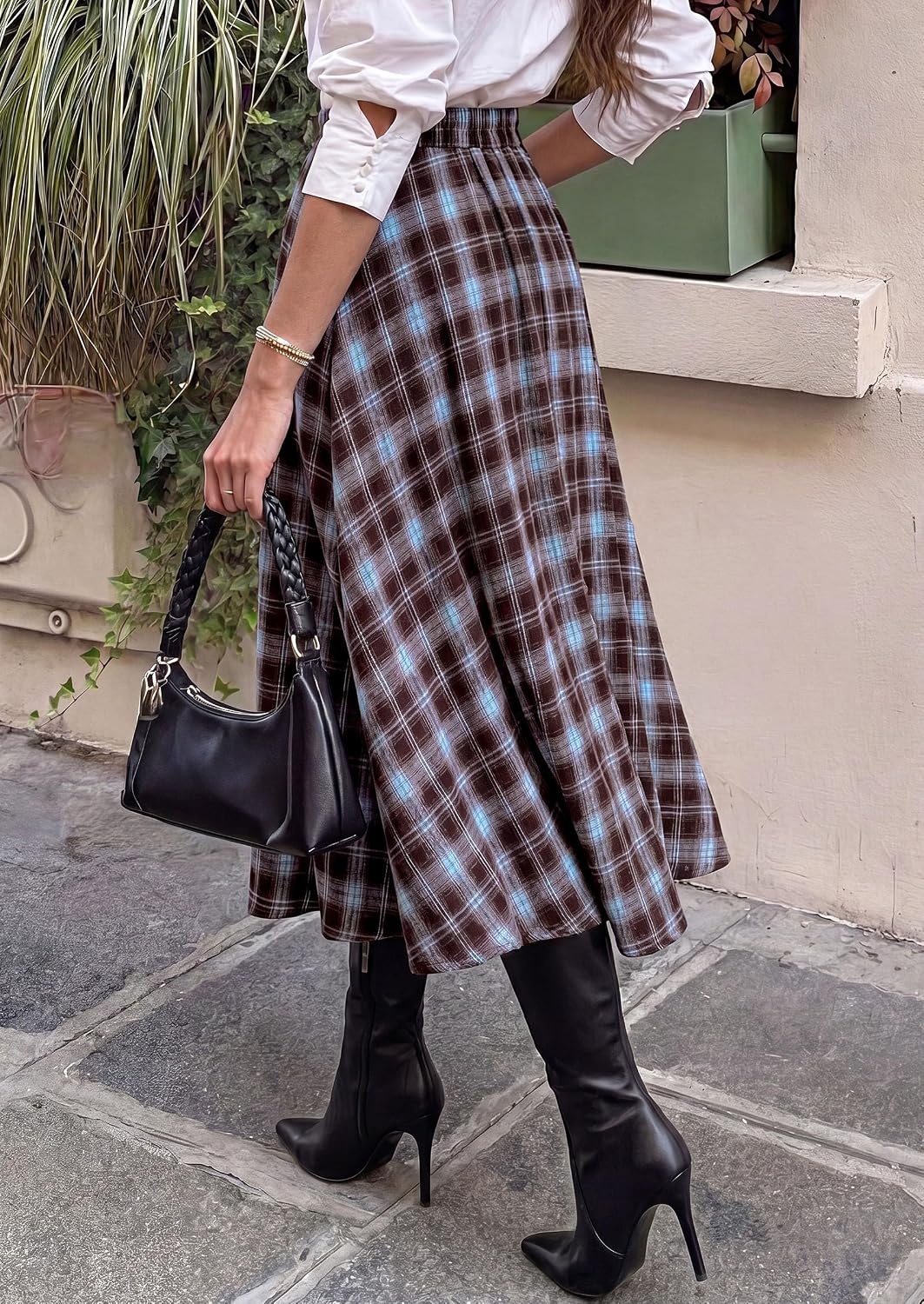 image:imagePRETTYGARDEN Womens Plaid High Waisted ALine Midi Skirts Elastic Waistband Long Flowy Skirt Classic Tartan Print Vintage Style Casual amp Formal Wear Fall Outfits Winter ClothingLight Blue