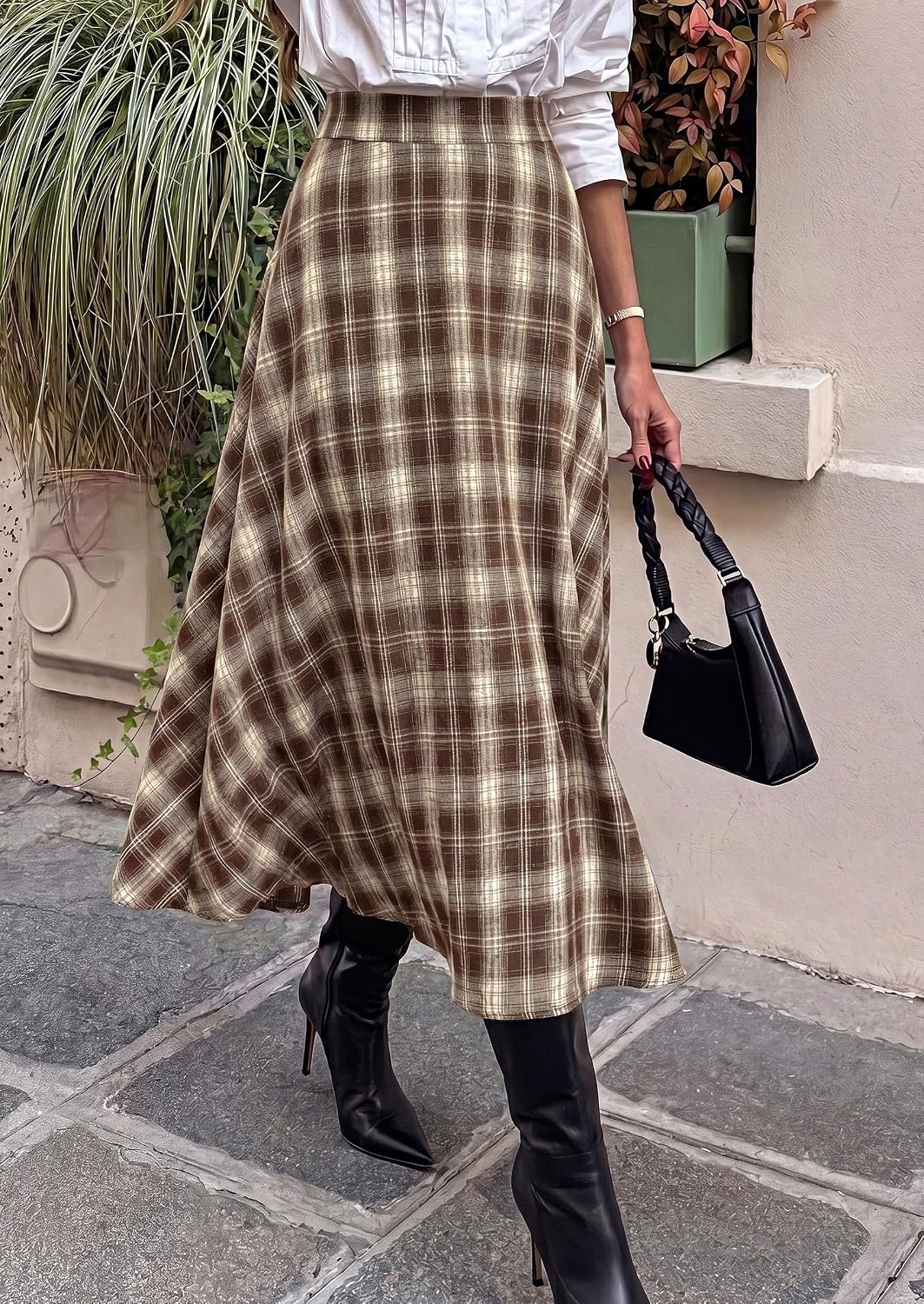 image:imagePRETTYGARDEN Womens Plaid High Waisted ALine Midi Skirts Elastic Waistband Long Flowy Skirt Classic Tartan Print Vintage Style Casual amp Formal Wear Fall Outfits Winter ClothingKhaki