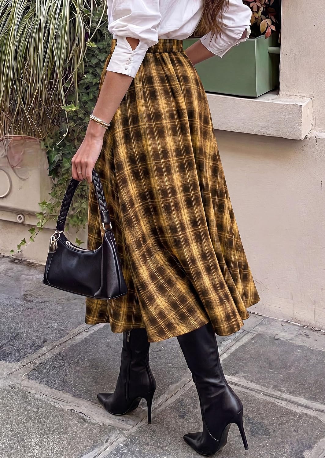 image:imagePRETTYGARDEN Womens Plaid High Waisted ALine Midi Skirts Elastic Waistband Long Flowy Skirt Classic Tartan Print Vintage Style Casual amp Formal Wear Fall Outfits Winter ClothingBrown Yellow