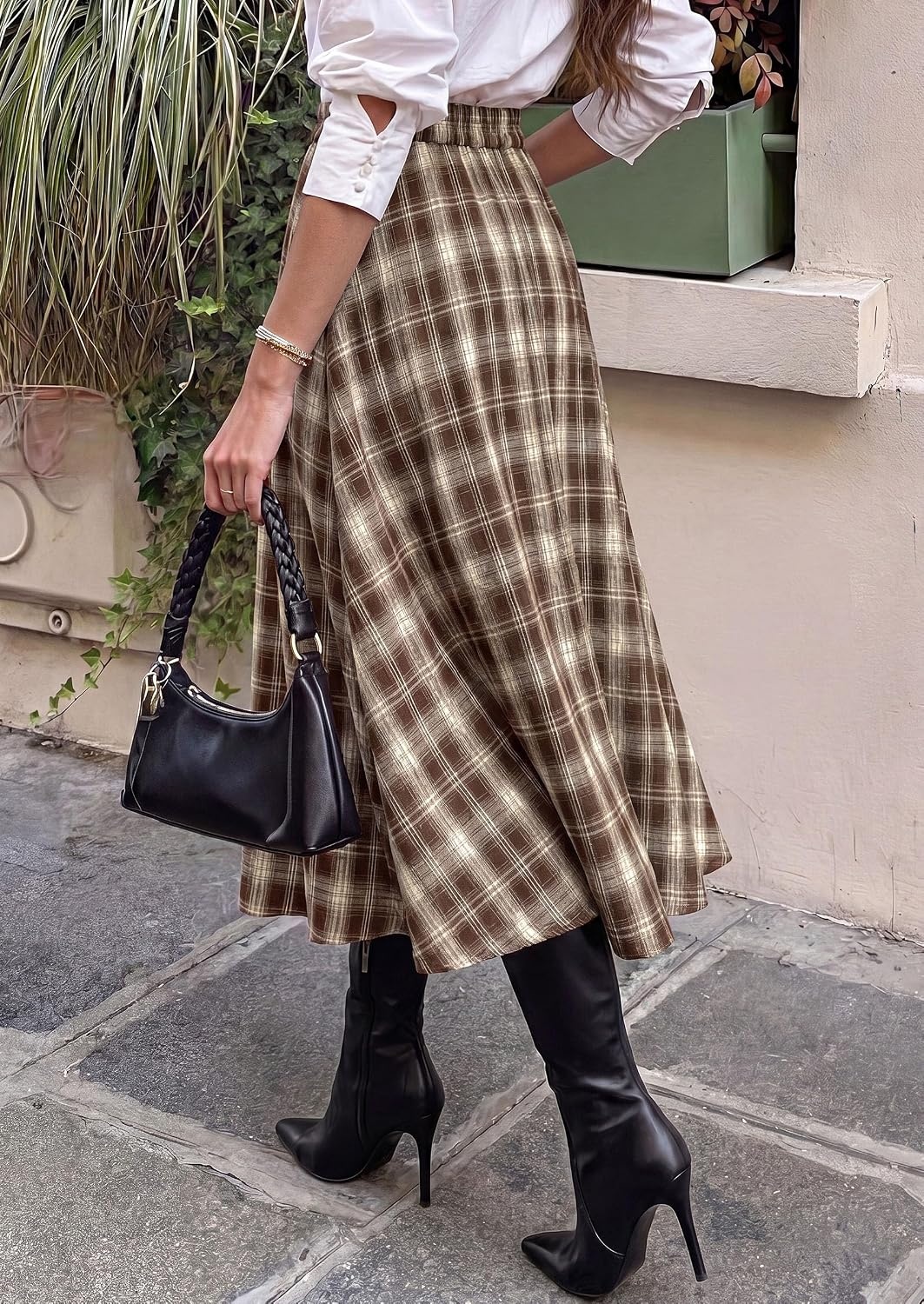 image:imagePRETTYGARDEN Womens Plaid High Waisted ALine Midi Skirts Elastic Waistband Long Flowy Skirt Classic Tartan Print Vintage Style Casual amp Formal Wear Fall Outfits Winter ClothingKhaki