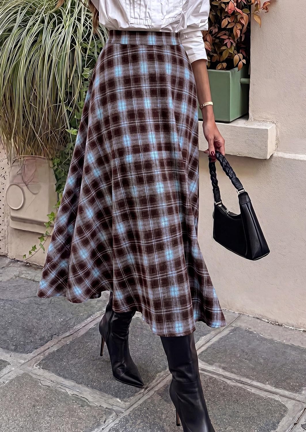 image:imagePRETTYGARDEN Womens Plaid High Waisted ALine Midi Skirts Elastic Waistband Long Flowy Skirt Classic Tartan Print Vintage Style Casual amp Formal Wear Fall Outfits Winter ClothingLight Blue