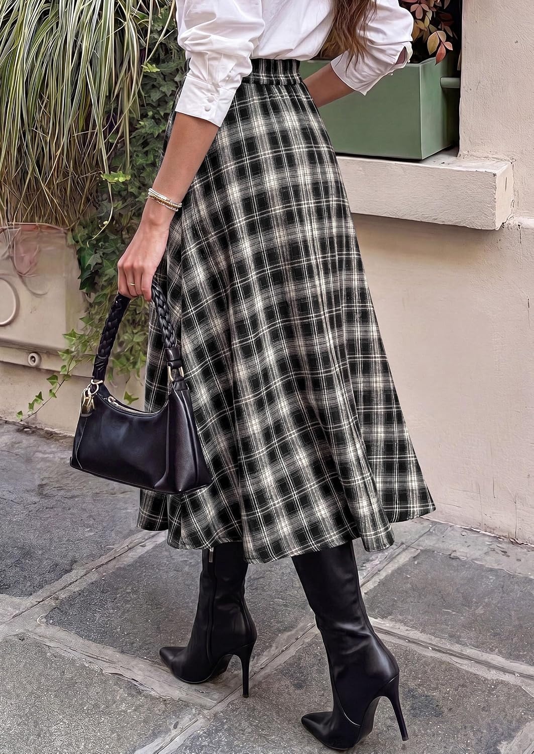 image:imagePRETTYGARDEN Womens Plaid High Waisted ALine Midi Skirts Elastic Waistband Long Flowy Skirt Classic Tartan Print Vintage Style Casual amp Formal Wear Fall Outfits Winter ClothingBlack