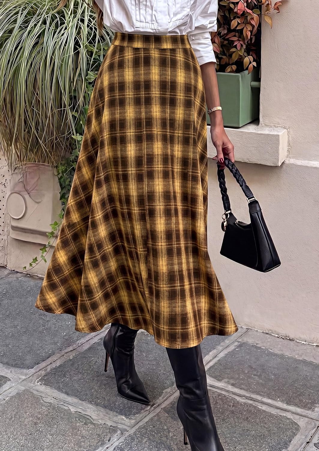 image:imagePRETTYGARDEN Womens Plaid High Waisted ALine Midi Skirts Elastic Waistband Long Flowy Skirt Classic Tartan Print Vintage Style Casual amp Formal Wear Fall Outfits Winter ClothingBrown Yellow