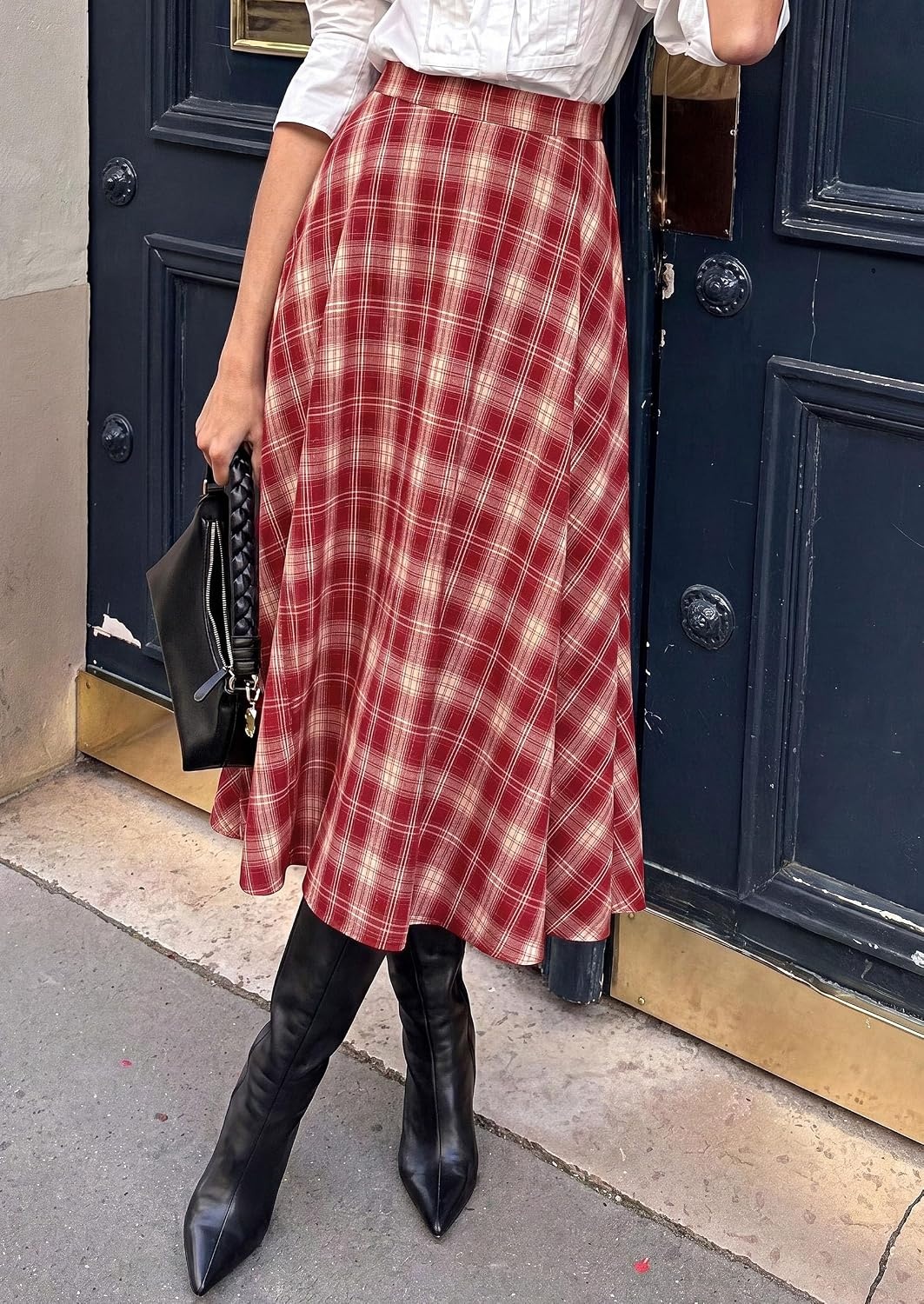 image:imagePRETTYGARDEN Womens Plaid High Waisted ALine Midi Skirts Elastic Waistband Long Flowy Skirt Classic Tartan Print Vintage Style Casual amp Formal Wear Fall Outfits Winter ClothingRed