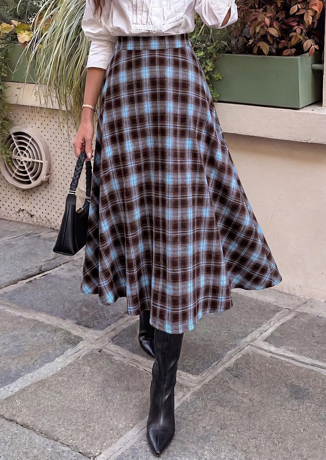 image:imagePRETTYGARDEN Womens Plaid High Waisted ALine Midi Skirts Elastic Waistband Long Flowy Skirt Classic Tartan Print Vintage Style Casual amp Formal Wear Fall Outfits Winter ClothingLight Blue