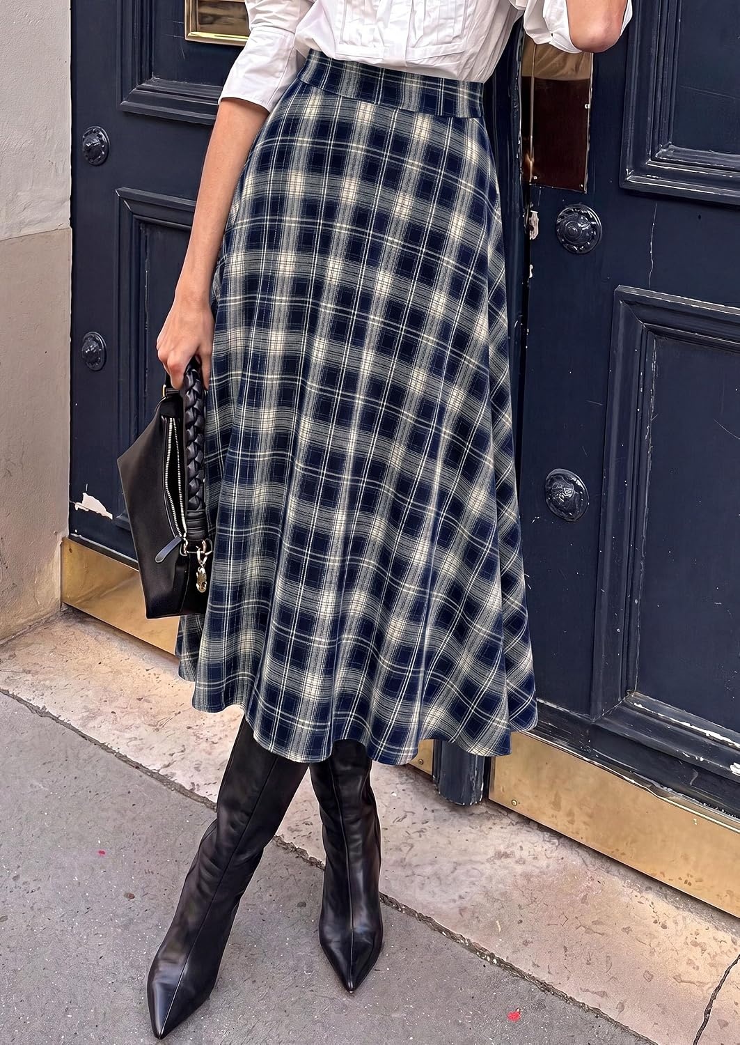 image:imagePRETTYGARDEN Womens Plaid High Waisted ALine Midi Skirts Elastic Waistband Long Flowy Skirt Classic Tartan Print Vintage Style Casual amp Formal Wear Fall Outfits Winter ClothingNavy Blue