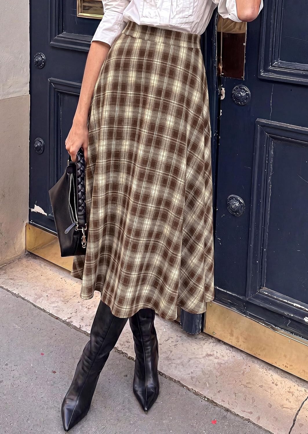 image:imagePRETTYGARDEN Womens Plaid High Waisted ALine Midi Skirts Elastic Waistband Long Flowy Skirt Classic Tartan Print Vintage Style Casual amp Formal Wear Fall Outfits Winter ClothingKhaki