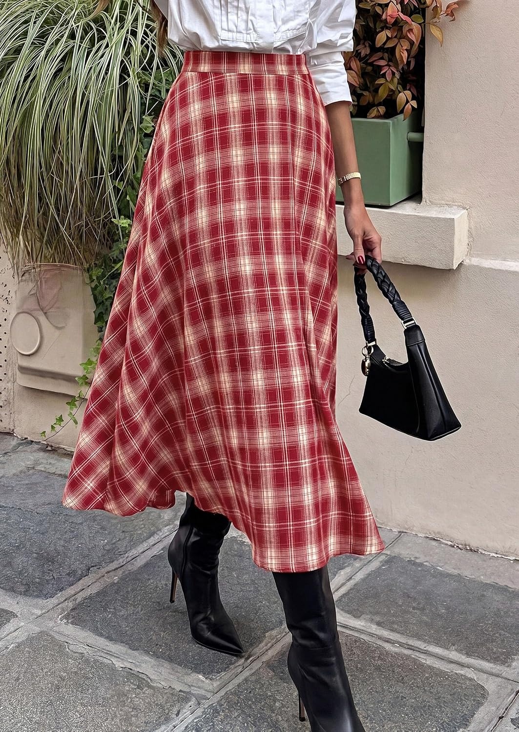 image:imagePRETTYGARDEN Womens Plaid High Waisted ALine Midi Skirts Elastic Waistband Long Flowy Skirt Classic Tartan Print Vintage Style Casual amp Formal Wear Fall Outfits Winter ClothingRed