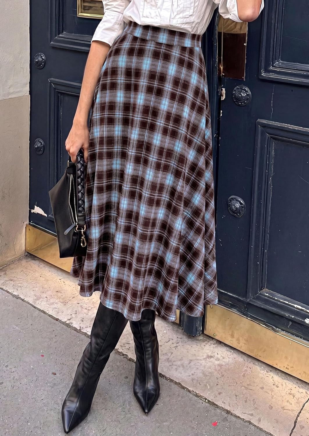 image:imagePRETTYGARDEN Womens Plaid High Waisted ALine Midi Skirts Elastic Waistband Long Flowy Skirt Classic Tartan Print Vintage Style Casual amp Formal Wear Fall Outfits Winter ClothingLight Blue