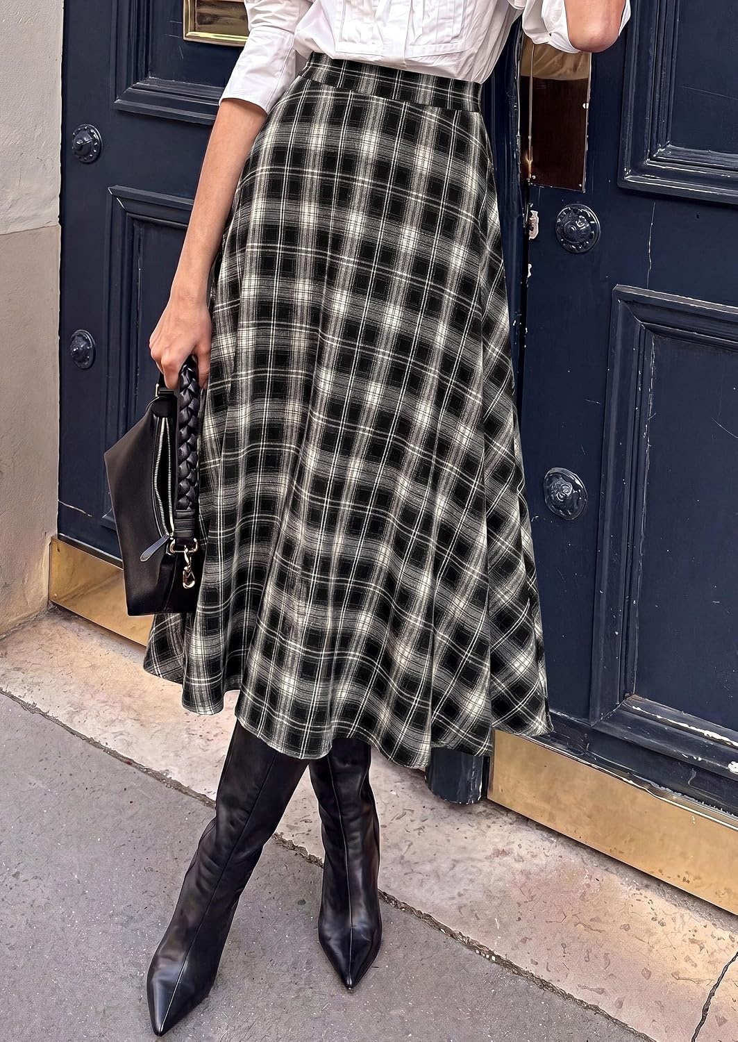 image:imagePRETTYGARDEN Womens Plaid High Waisted ALine Midi Skirts Elastic Waistband Long Flowy Skirt Classic Tartan Print Vintage Style Casual amp Formal Wear Fall Outfits Winter ClothingBlack