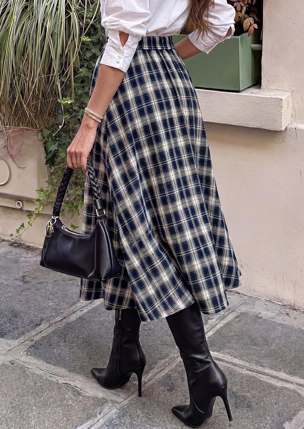 image:imagePRETTYGARDEN Womens Plaid High Waisted ALine Midi Skirts Elastic Waistband Long Flowy Skirt Classic Tartan Print Vintage Style Casual amp Formal Wear Fall Outfits Winter ClothingNavy Blue