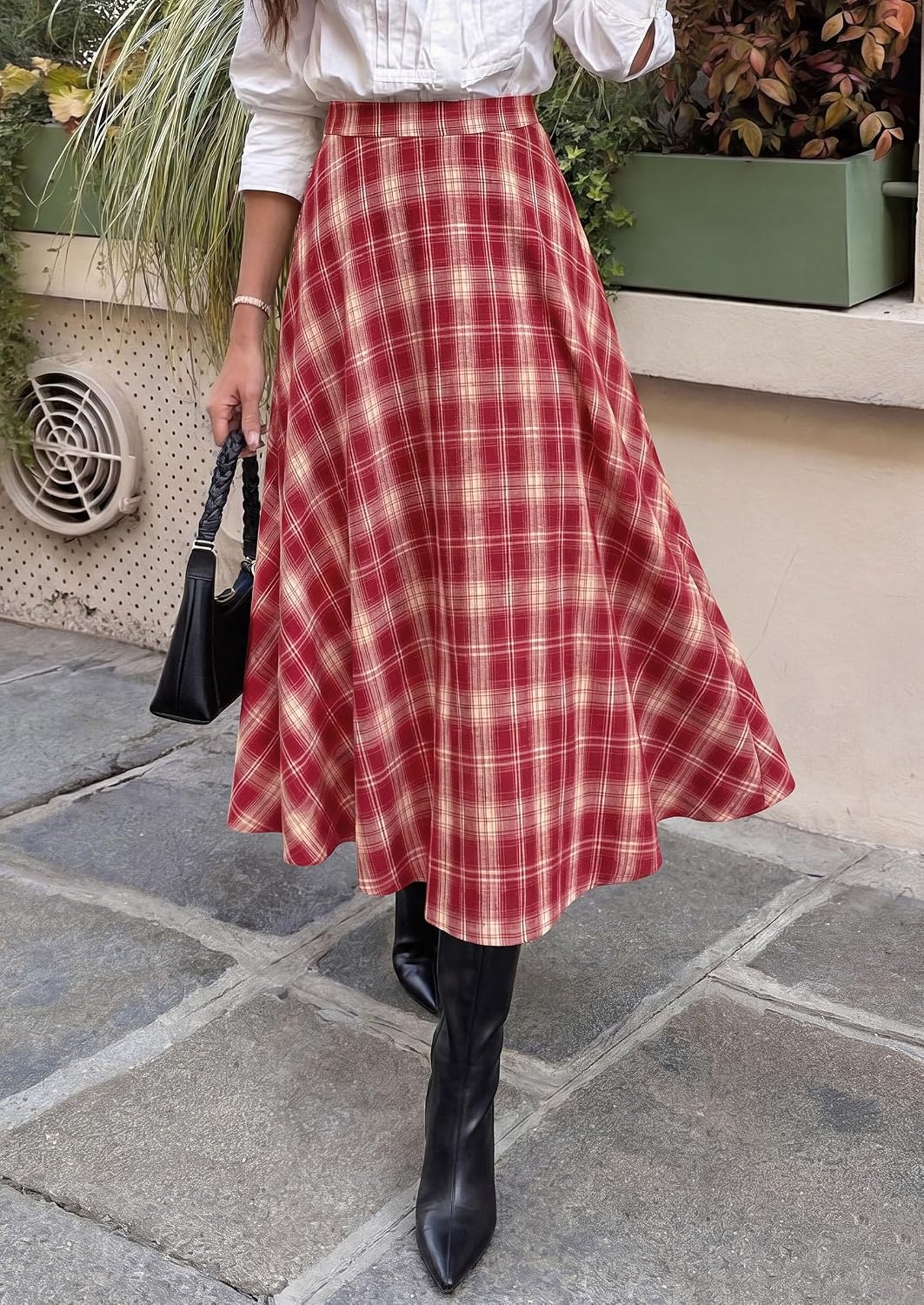 image:imagePRETTYGARDEN Womens Plaid High Waisted ALine Midi Skirts Elastic Waistband Long Flowy Skirt Classic Tartan Print Vintage Style Casual amp Formal Wear Fall Outfits Winter ClothingRed