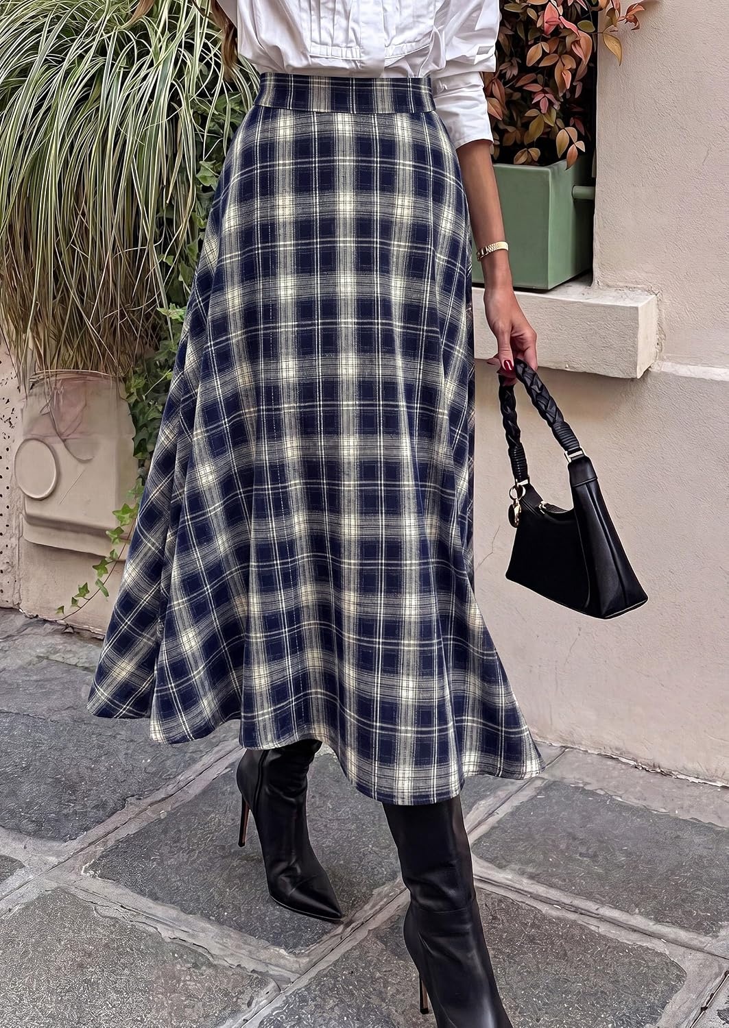 image:imagePRETTYGARDEN Womens Plaid High Waisted ALine Midi Skirts Elastic Waistband Long Flowy Skirt Classic Tartan Print Vintage Style Casual amp Formal Wear Fall Outfits Winter ClothingNavy Blue