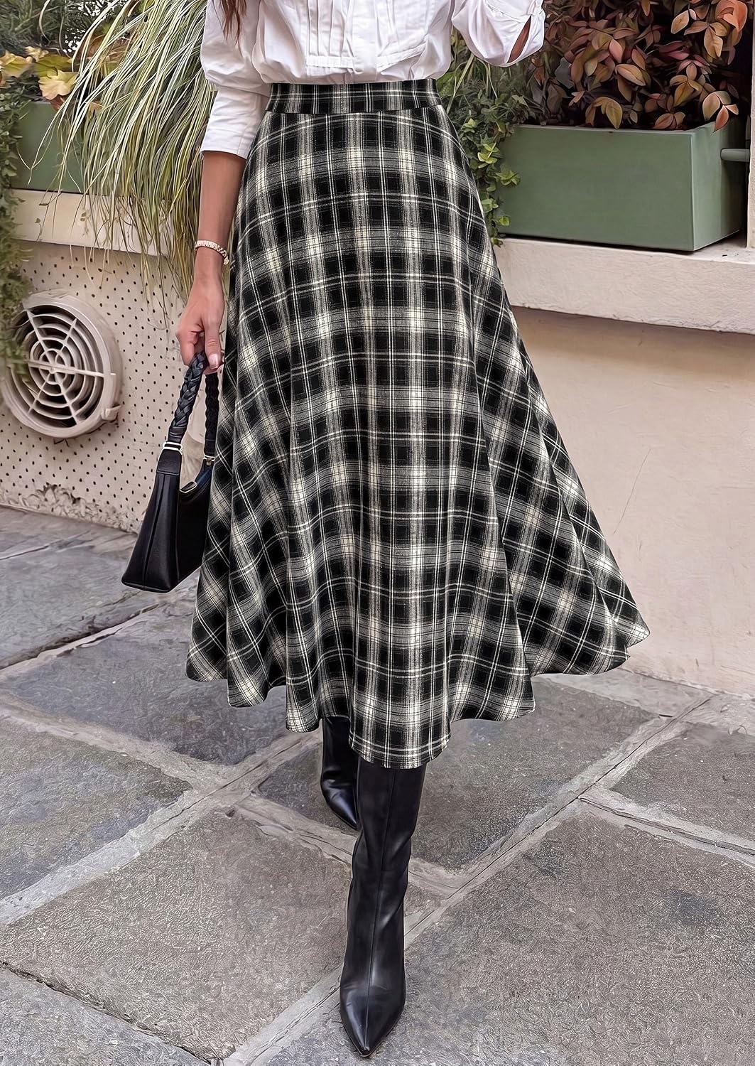 image:imagePRETTYGARDEN Womens Plaid High Waisted ALine Midi Skirts Elastic Waistband Long Flowy Skirt Classic Tartan Print Vintage Style Casual amp Formal Wear Fall Outfits Winter ClothingBlack