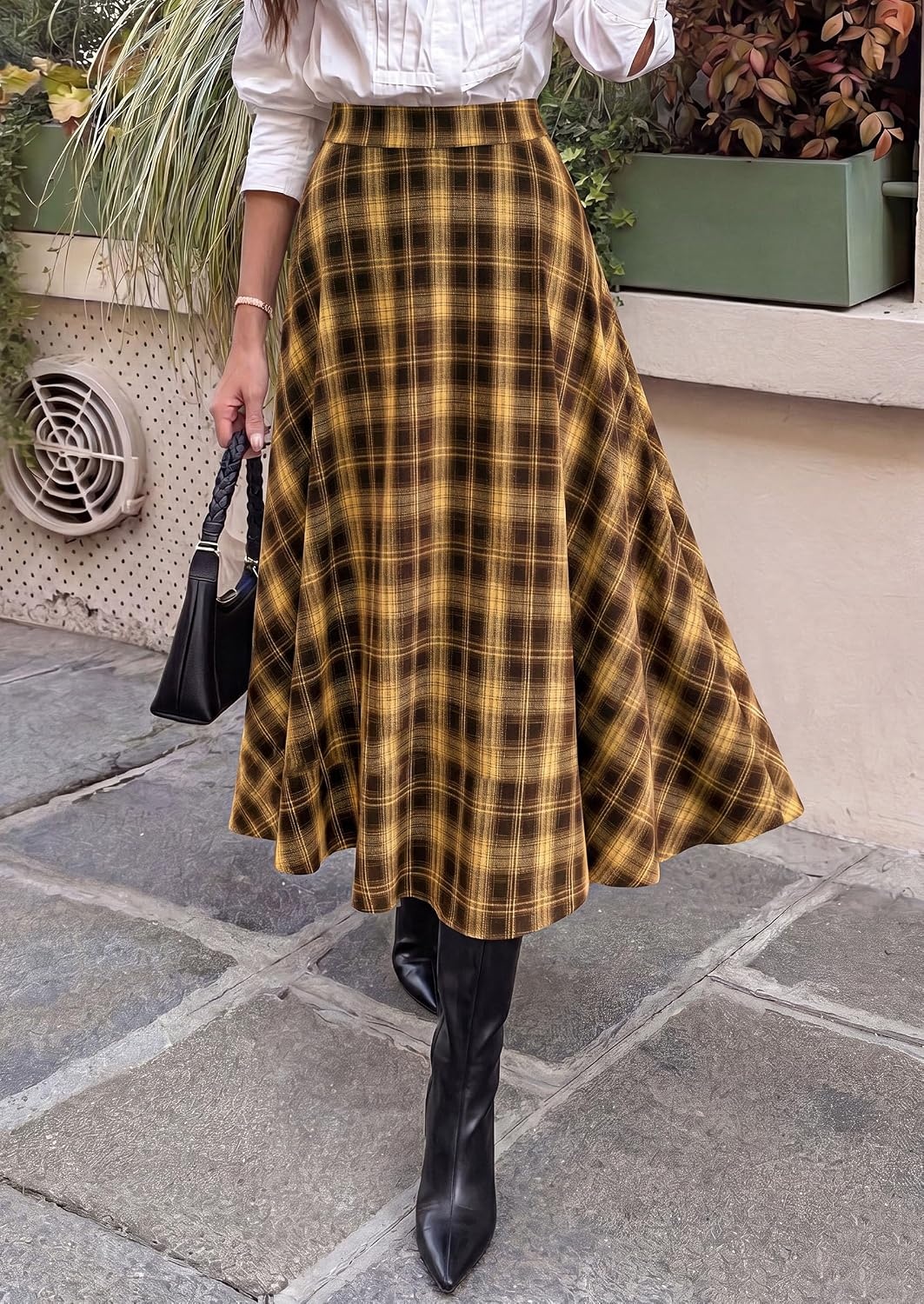 image:imagePRETTYGARDEN Womens Plaid High Waisted ALine Midi Skirts Elastic Waistband Long Flowy Skirt Classic Tartan Print Vintage Style Casual amp Formal Wear Fall Outfits Winter ClothingBrown Yellow