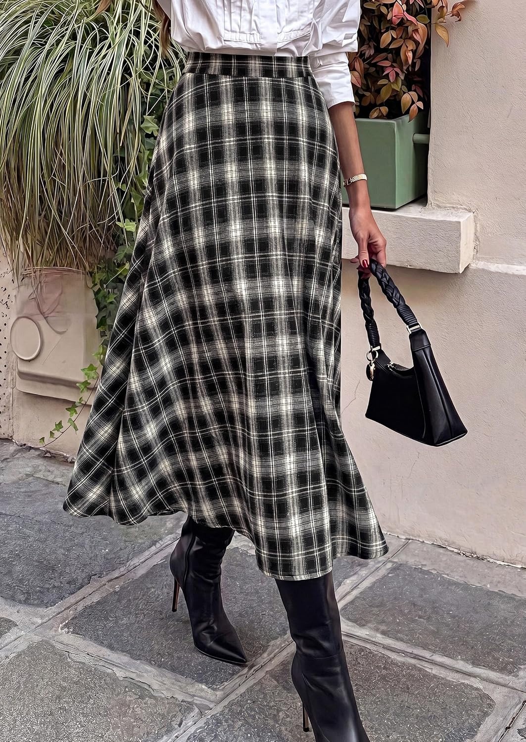 image:imagePRETTYGARDEN Womens Plaid High Waisted ALine Midi Skirts Elastic Waistband Long Flowy Skirt Classic Tartan Print Vintage Style Casual amp Formal Wear Fall Outfits Winter ClothingBlack